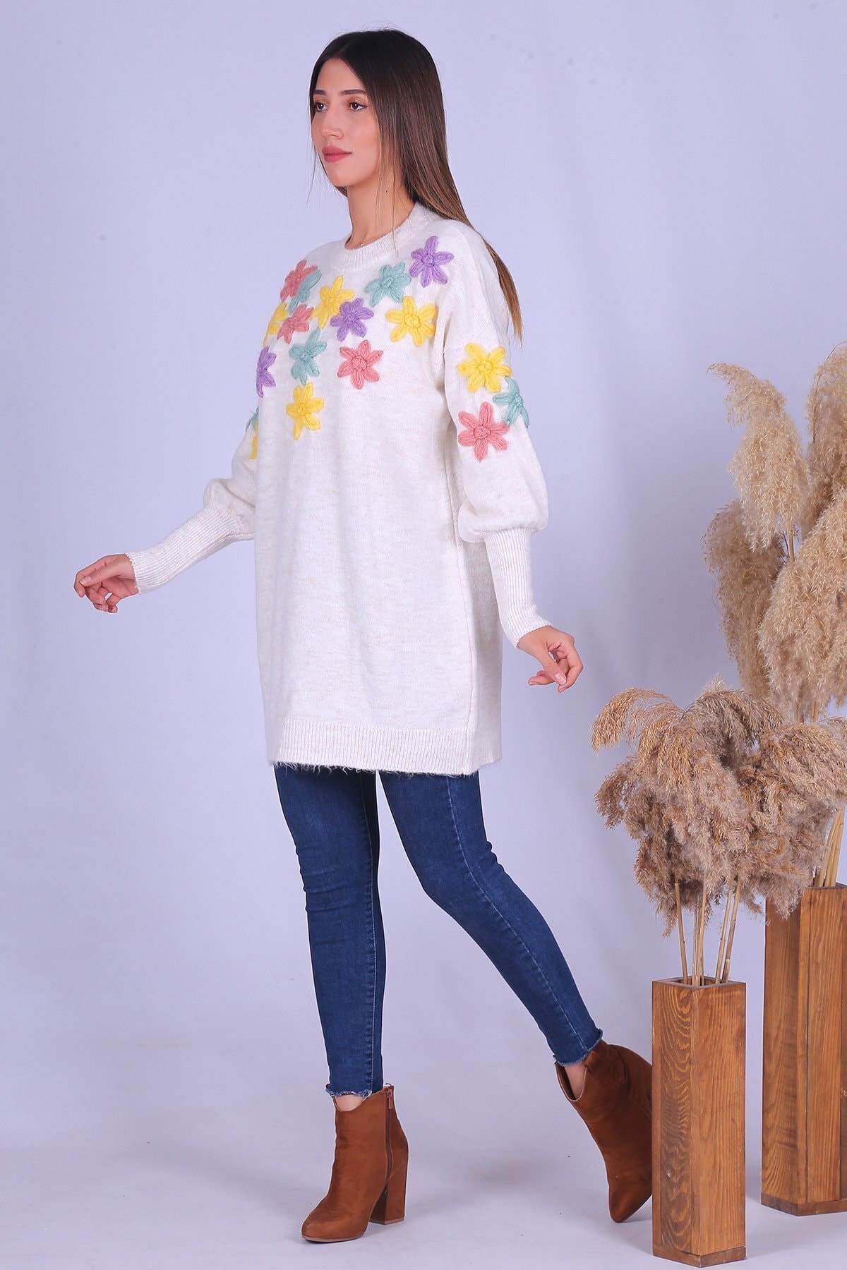 GÜLSELİ Papatya Desenli Triko Tunik