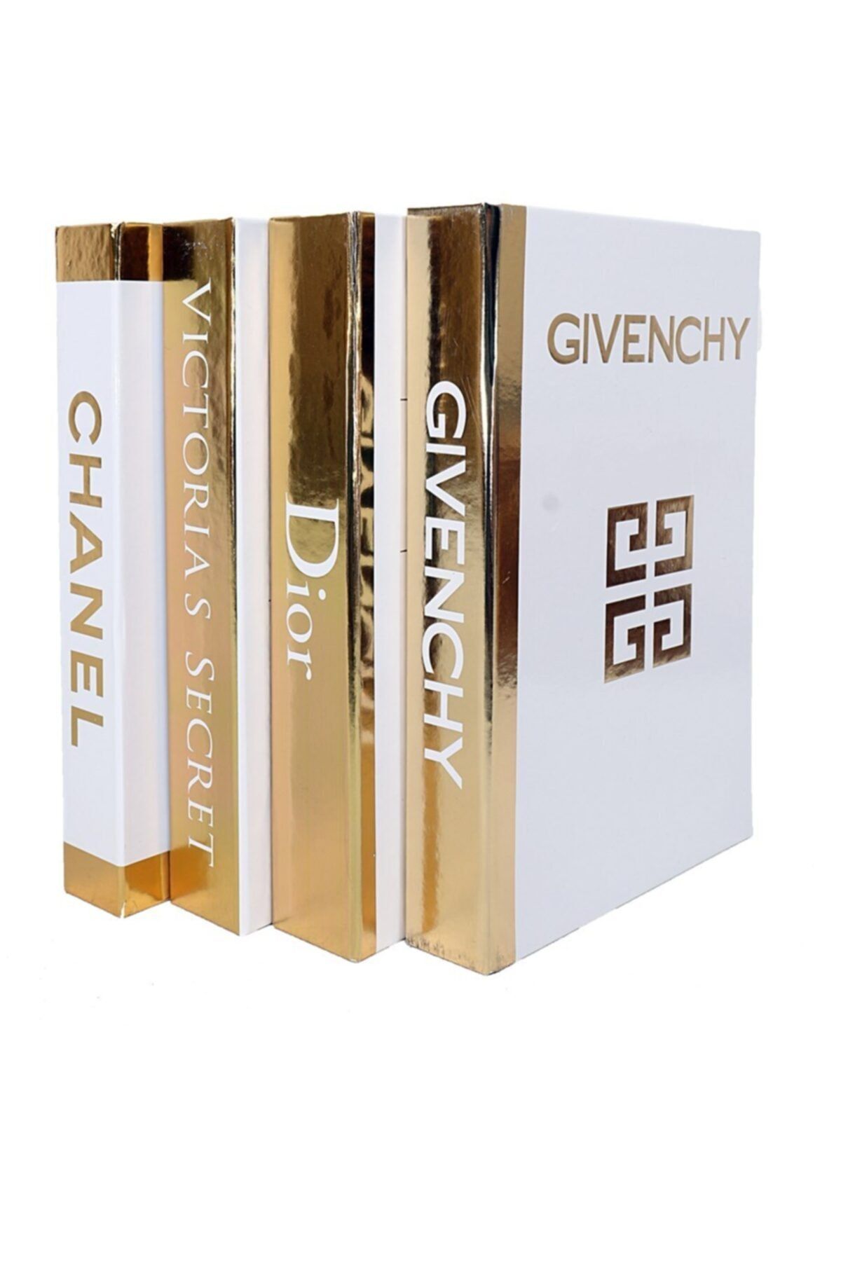 notiyatro Chanel Dior Givenchy Ve Victoria's Secret Beyaz Gold Yaldızlı 4'lü Dekoratif Kitap Kutusu Set
