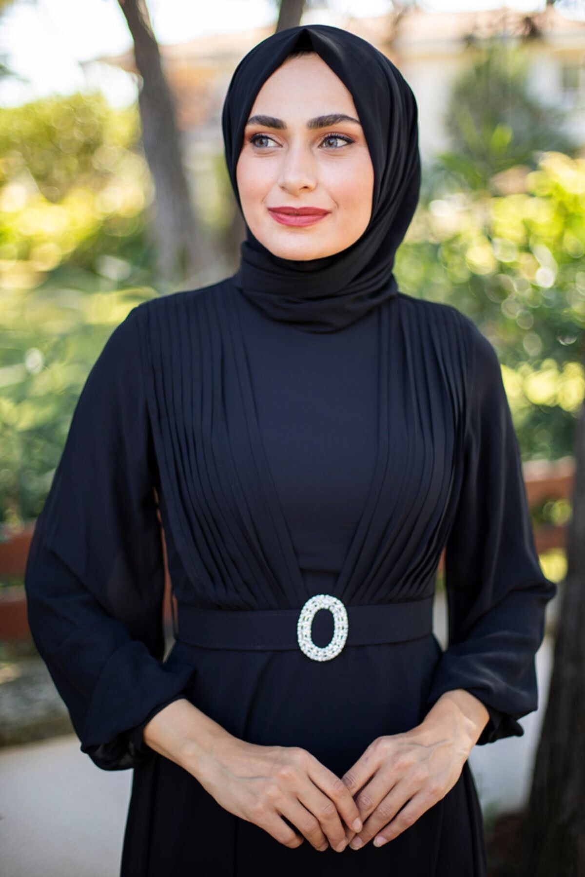 Feiza Collection Taş Kemerli Drapeli Tesettür Abiye Elbise - Siyah
