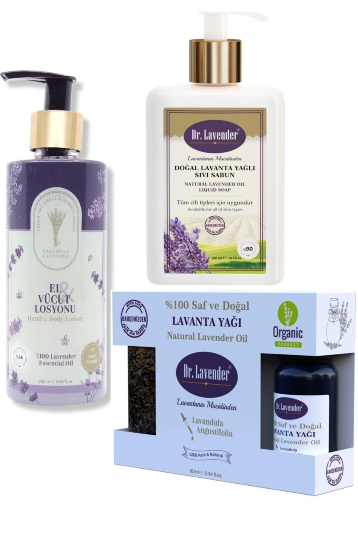 Dr. Lavender Saf Lavanta Yağı 10 Ml + Lavanta Bitkisel Sıvı Sabun 300 Gr + El Yüz Vücut Losyonu 250