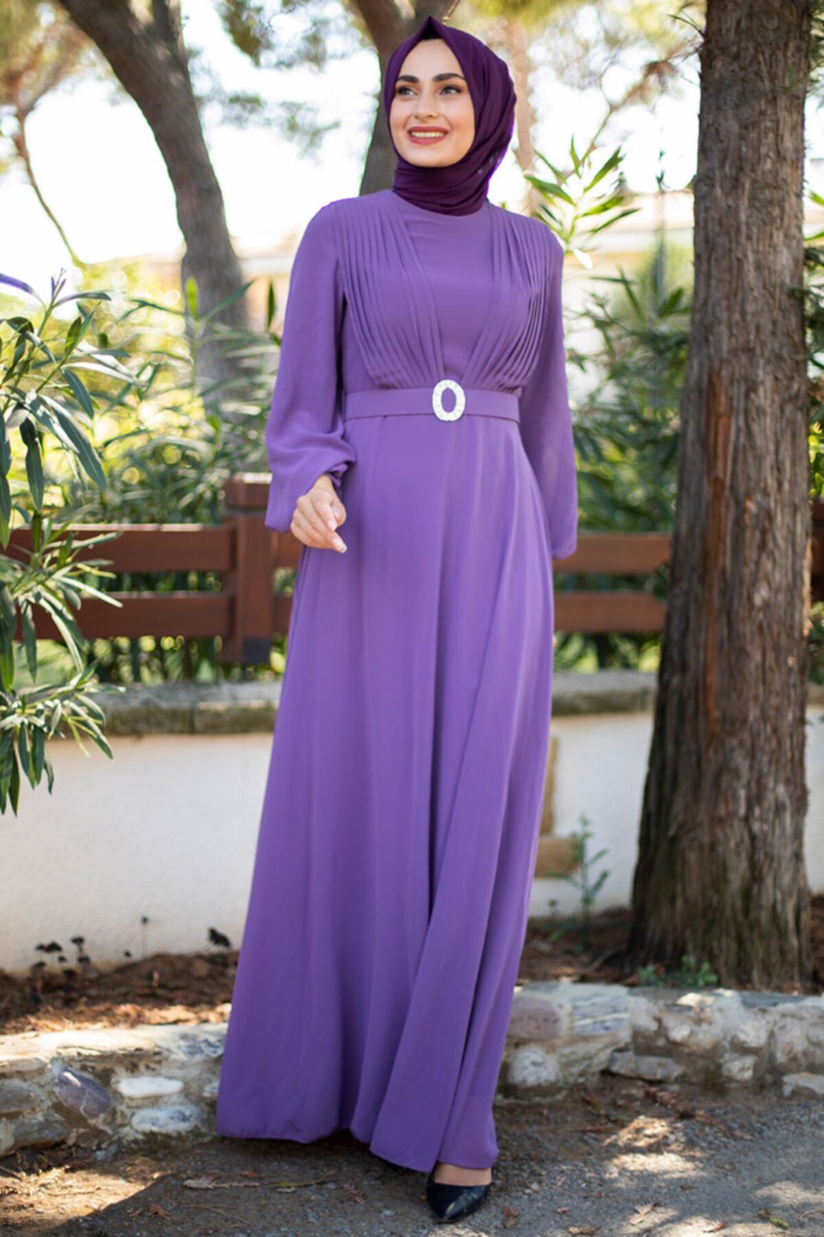 Feiza Collection Taş Kemerli Drapeli Tesettür Abiye Elbise - Lila