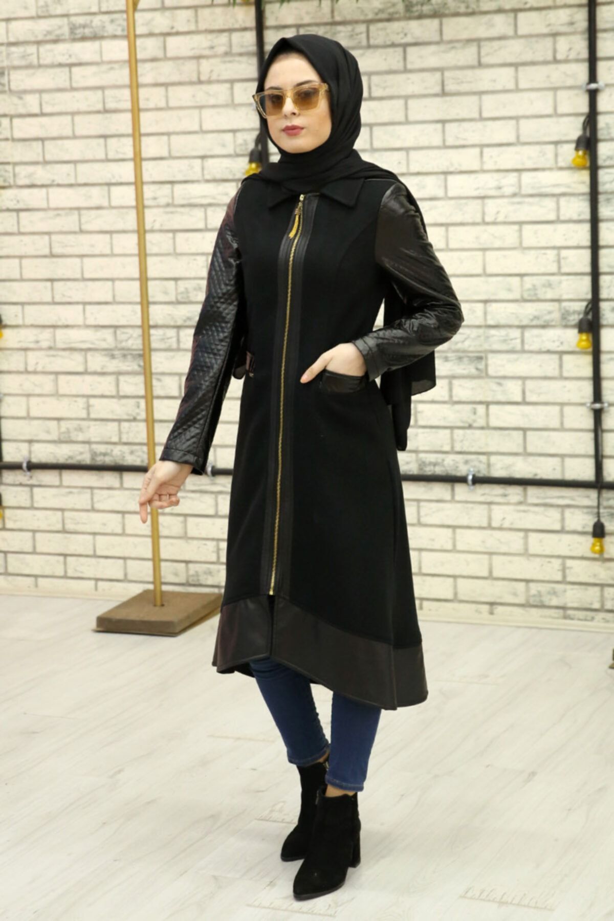 Feiza Collection Deri Kol Kışlık Kap Siyah