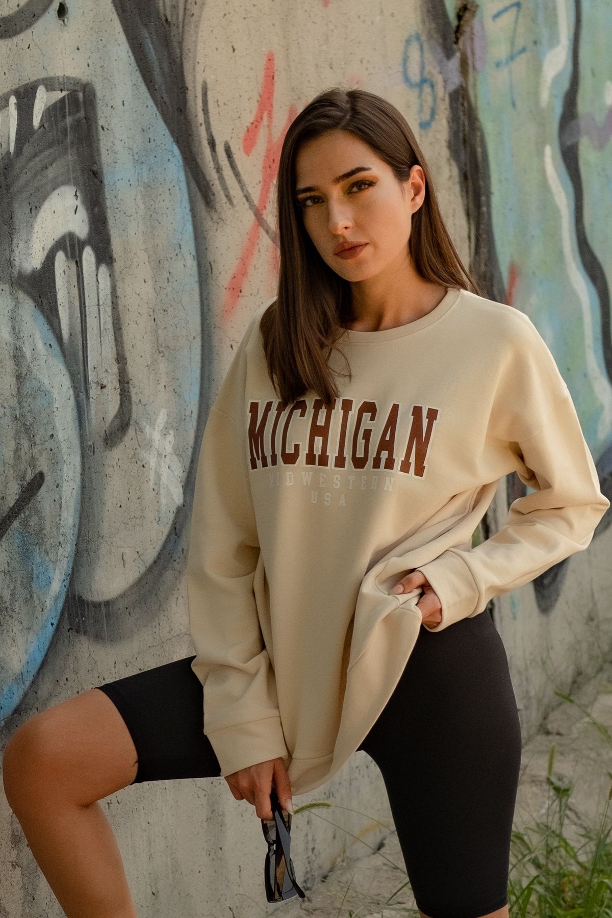 Black Sokak Kadın Bej Michigan Baskılı Sweatshirt