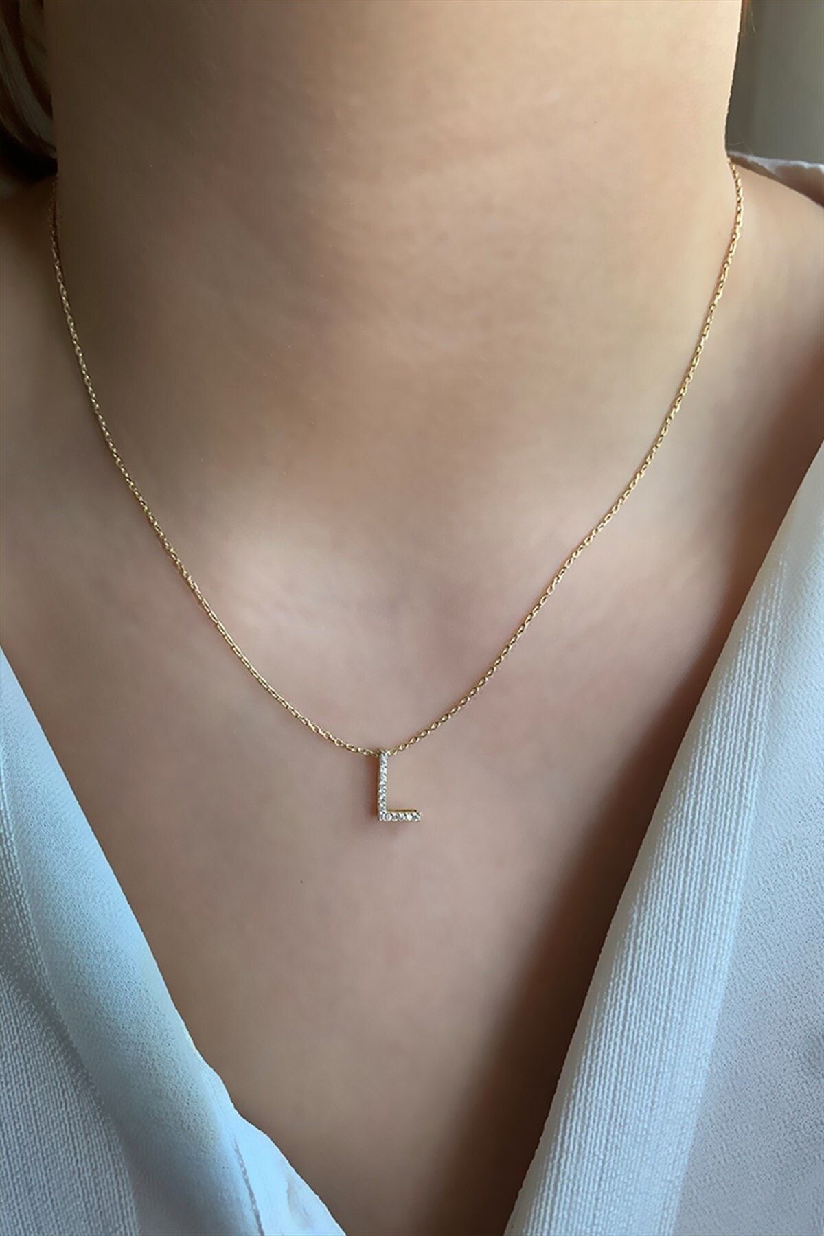 Ziu 925 Ayar Üç Boyutlu Gold Zirkon Taşlı L Harfli Kolye Uzunluk 45 Cm