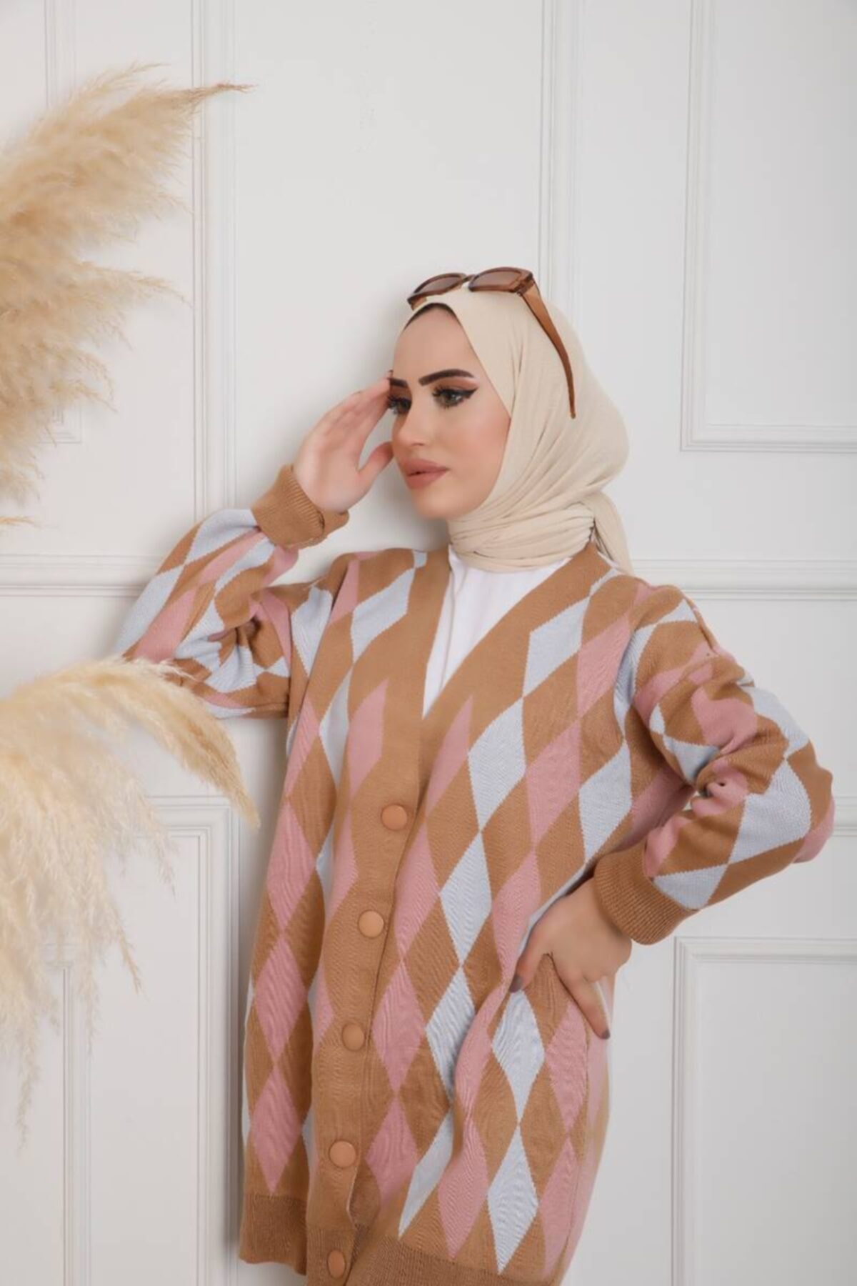 BURCU TESETTÜR Baklava Desenli Hırka Mdr401 Taba Pudra