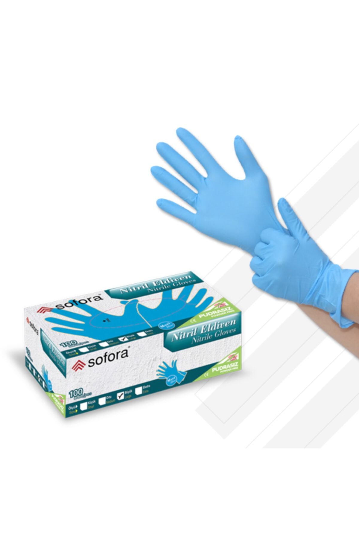 TRAY Muayene Eldiveni Mavi Nitril Pudrasız 100 Adet Large