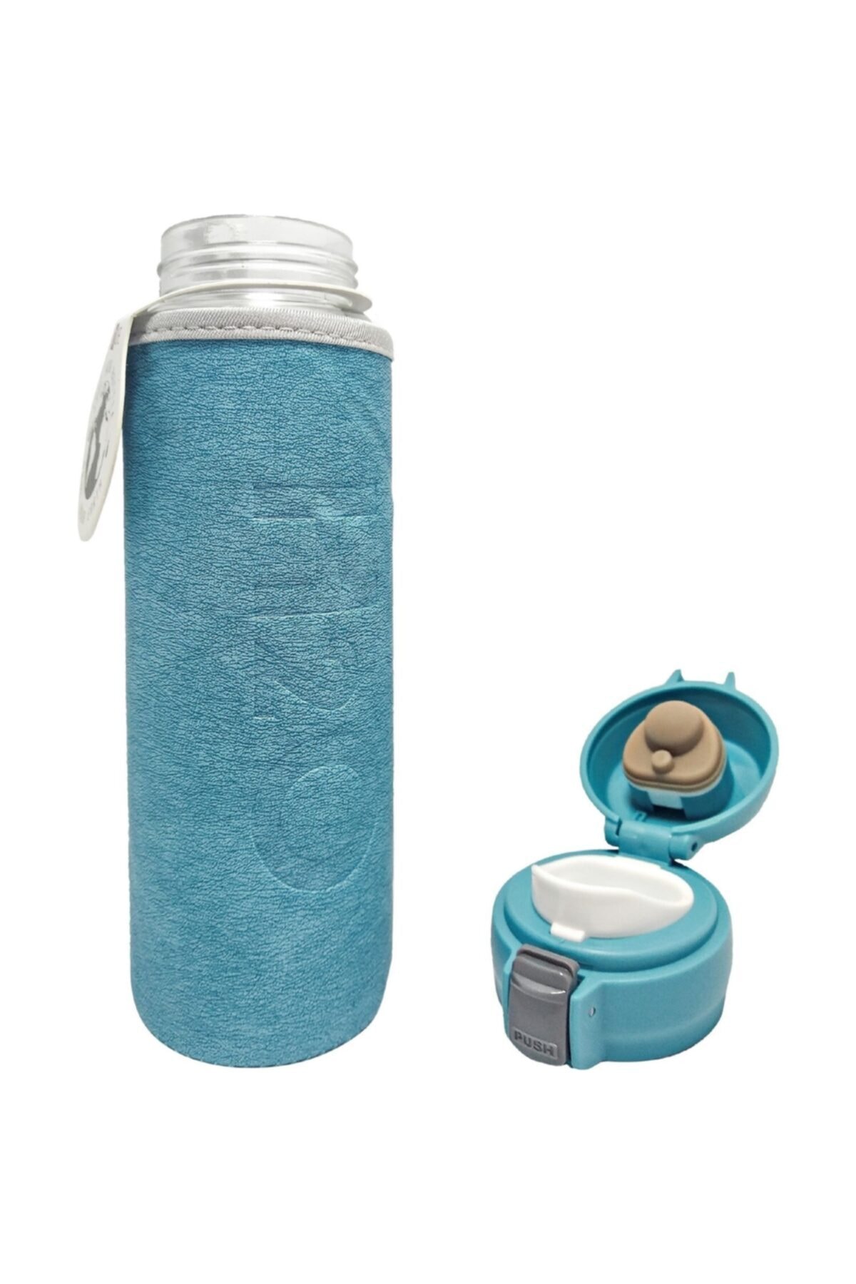 Çılgıntrend Deri Kılıflı Cam Matara Mavi