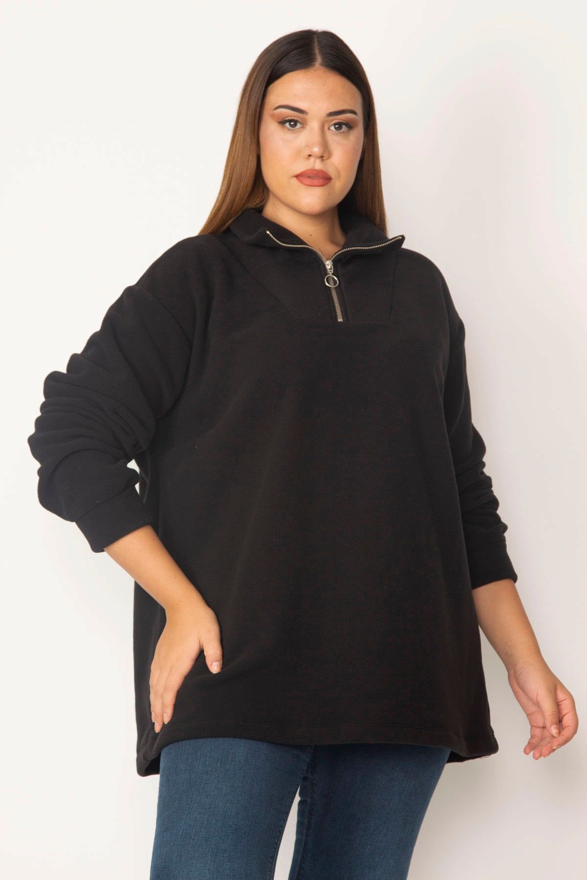 Şans Kadın Siyah Ön Patı Fermuarlı Kalın Polar Sweatshirt 65N28512