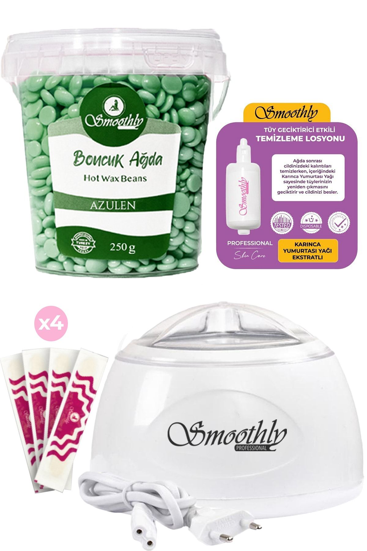 Smoothly Soyulabilen AZULEN Boncuk Ağda 250gr + Ağda Makine + Karınca Yumurta Yağ +Spatula Seti