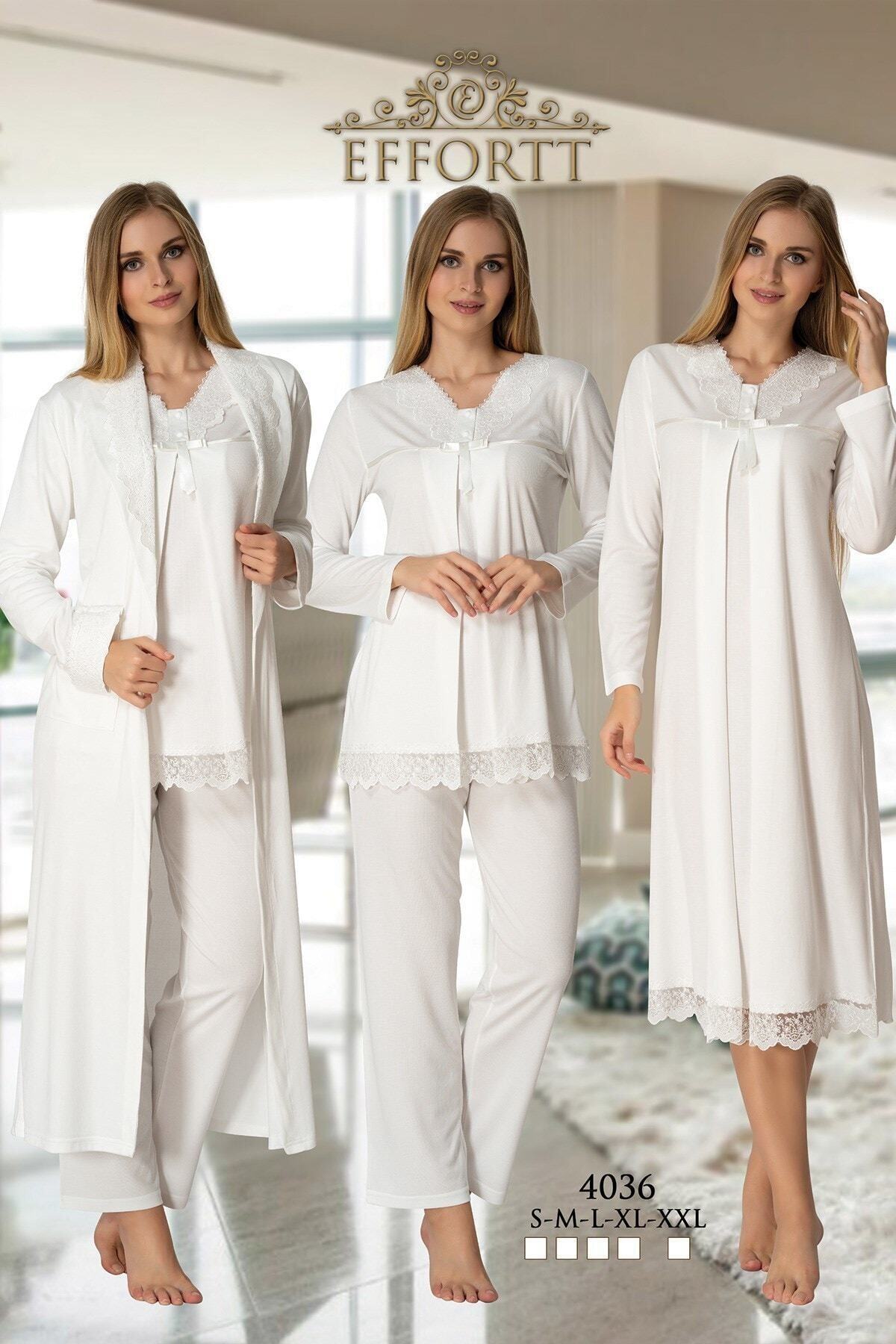 Effort Pijama Zerre Bebe 4036 Sabahlık Gecelik Pijama Takım 4'lü Set Ekru