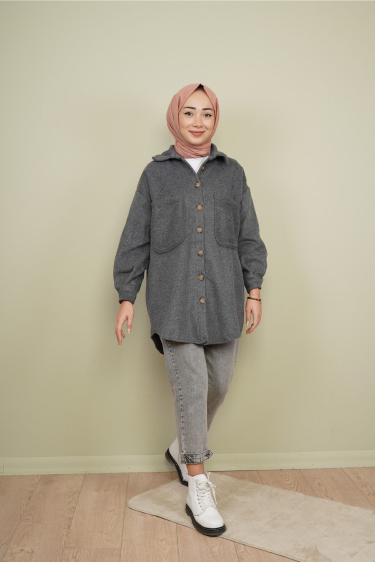 KAMİL KESKİN Kadın Füme Oversize Kaşe Gömlek