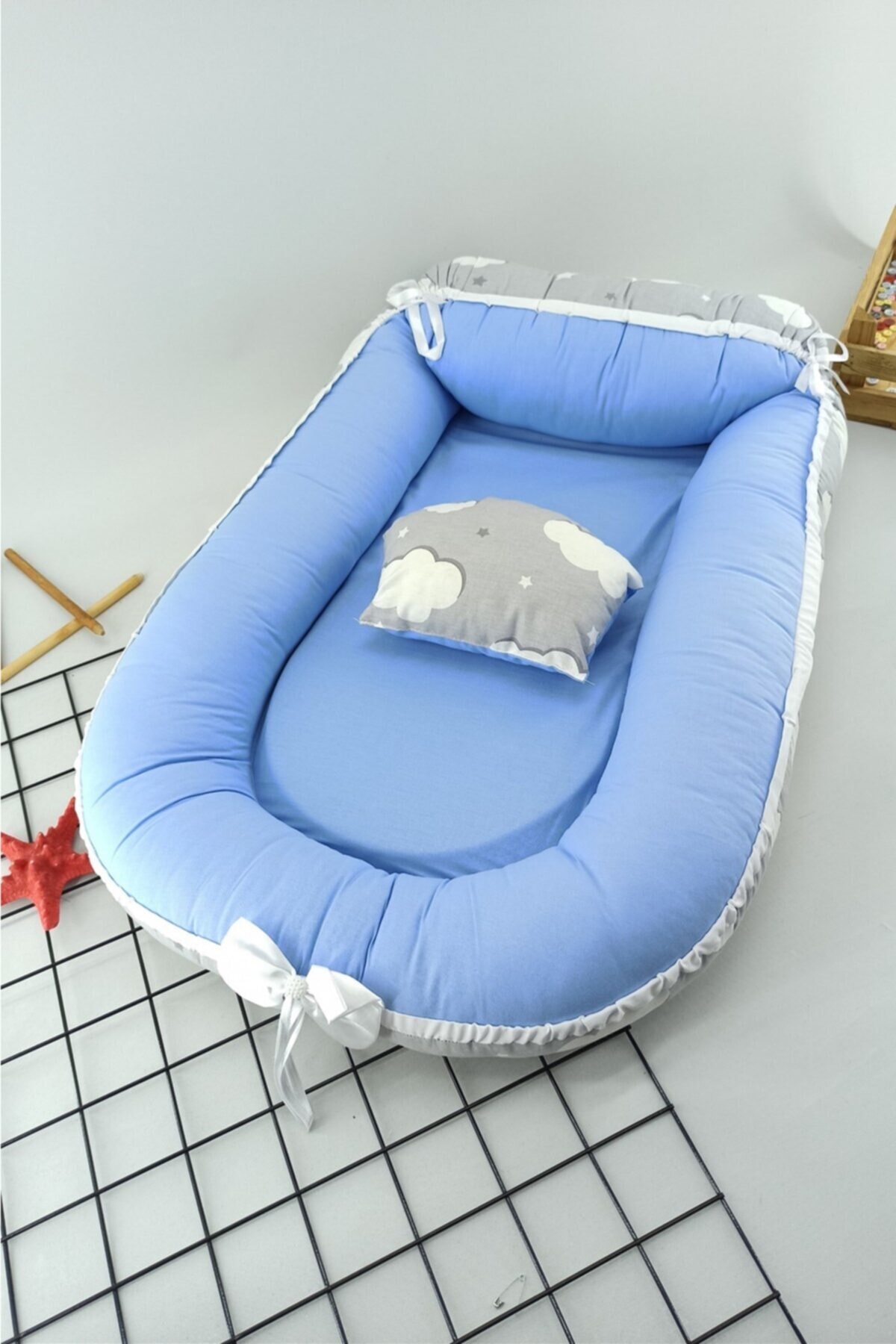 ALİSS BABY Mavi Bulut Desen Bebek Yatağı Babynestt 0-12 Ay