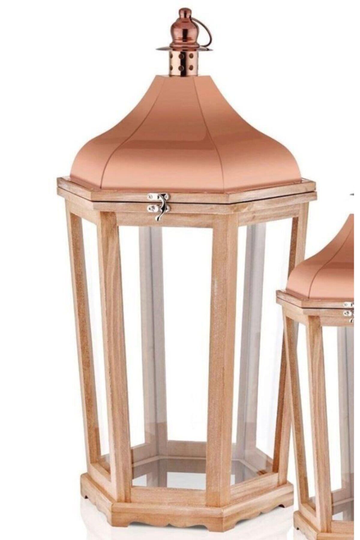 The Mia Bronz Ahşap Fener 60 Cm