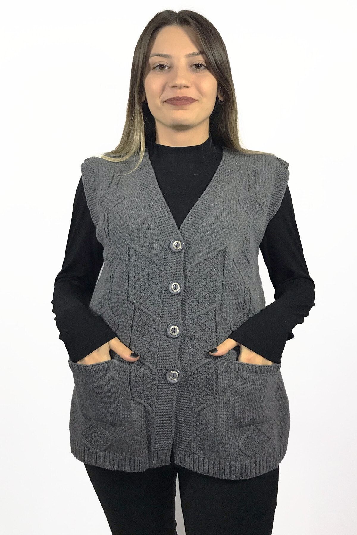 Dinçerler tekstil Kadın V Yaka Zincir Örgü Yün Triko Anne Yelek