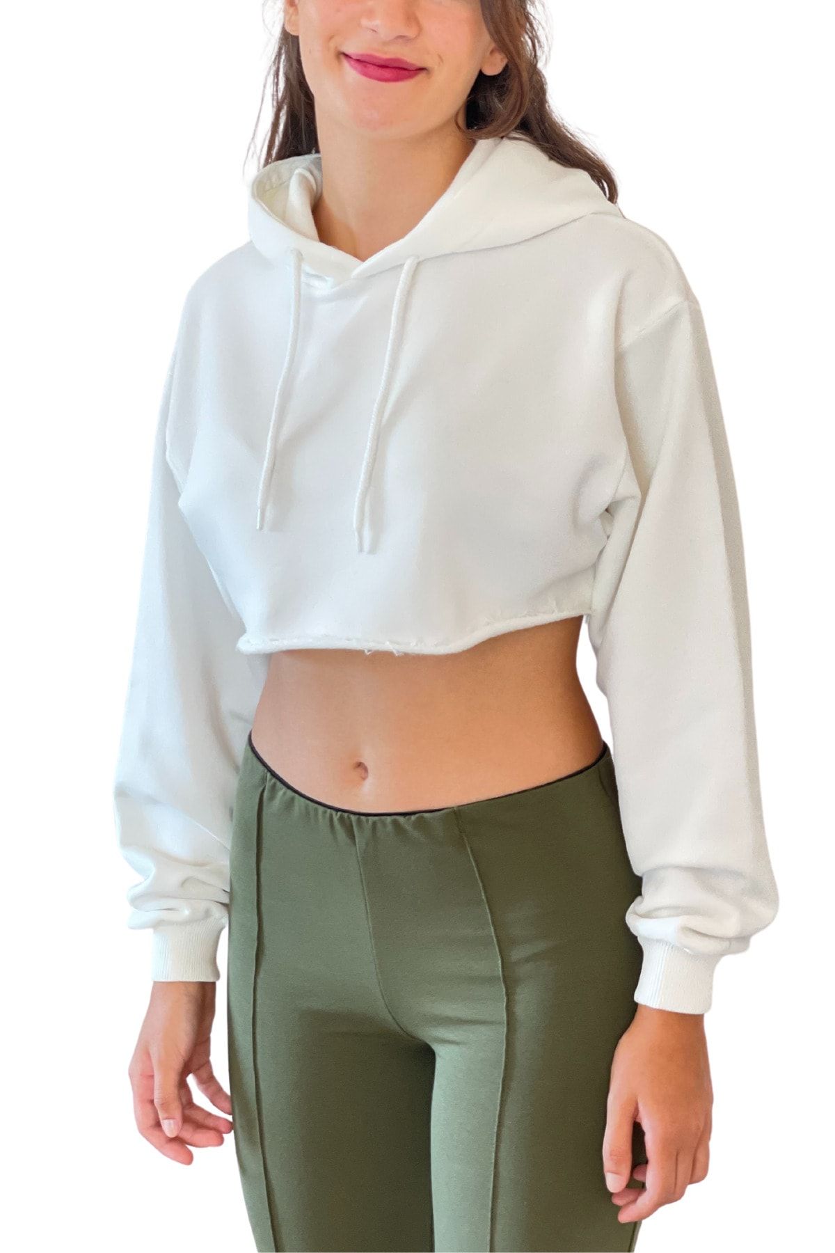 FITCLOCKS Kadın Beyaz Kapüşonlu Soft Crop Hodie Örme Sweatshirt