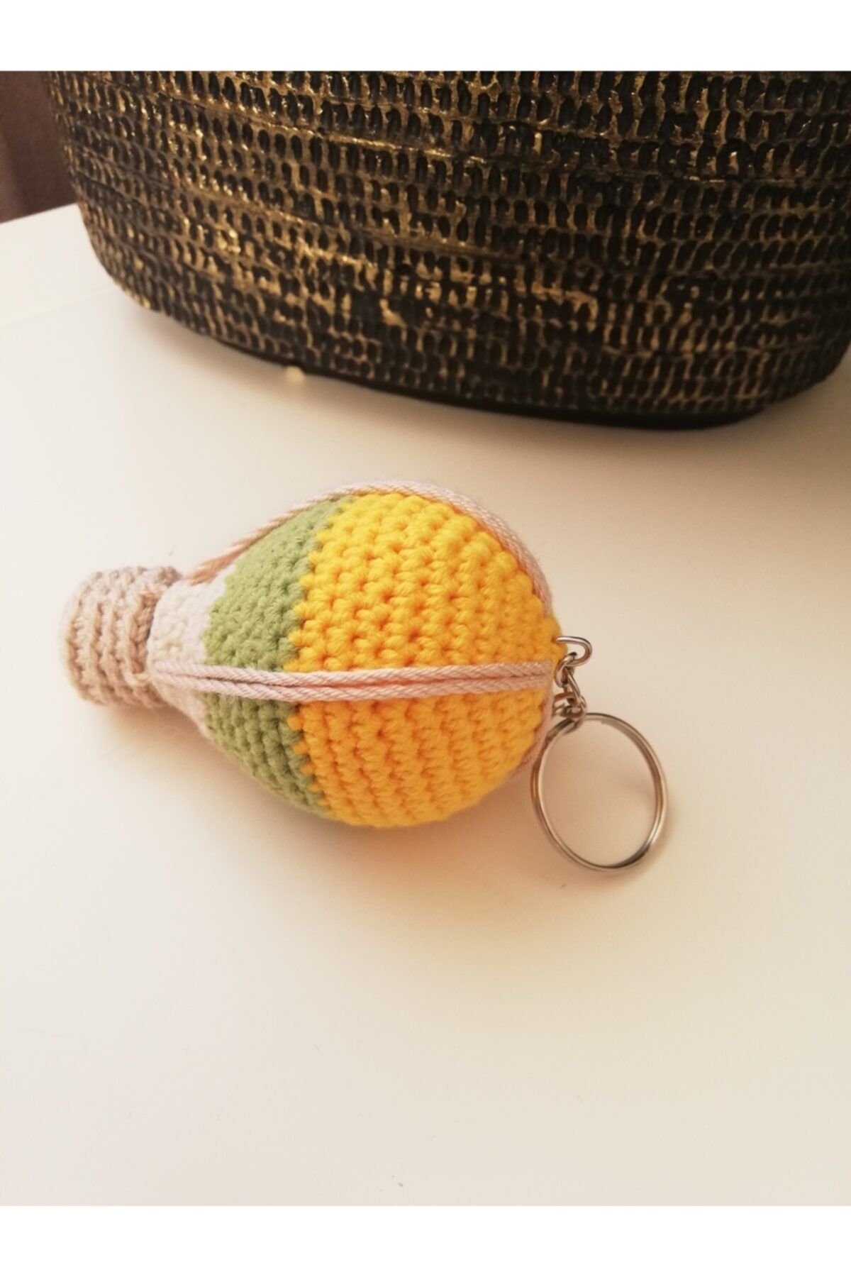 YANNS Amigurumi, Organik El Örgüsü, Anahtarlık, Dekor, Sıcak Hava Balonu, Kapadokya, Sarı-yeşil