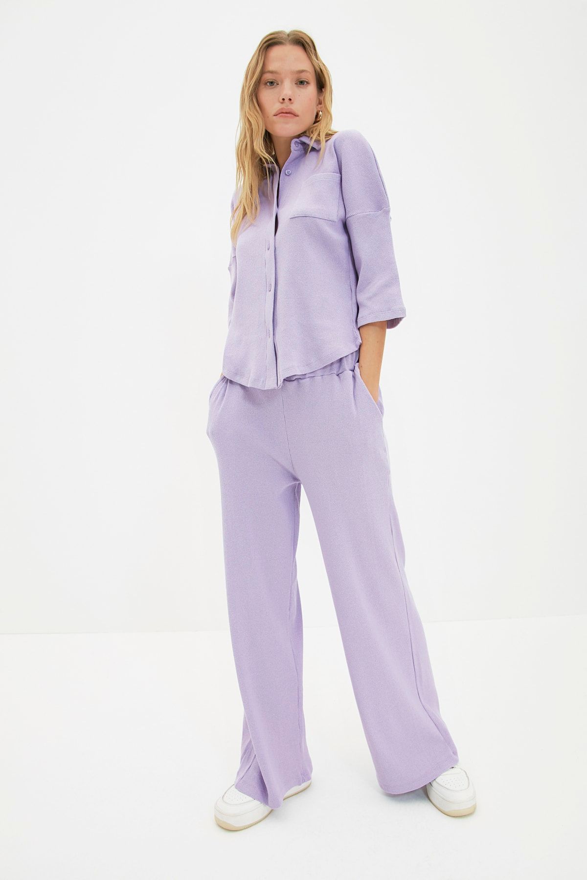 TRENDYOLMİLLA Lila Wide Leg Fitilli Örme Pantolon TWOAW22PL0524