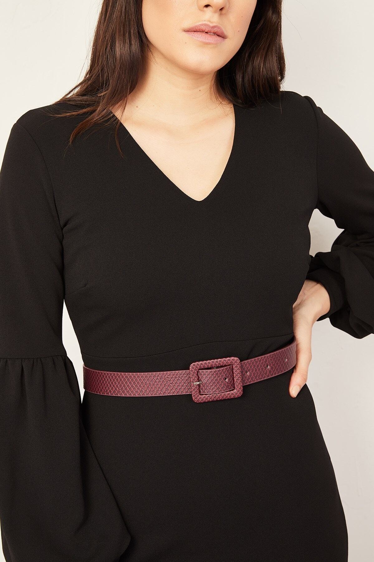 Lafaba Kadın Bordo Kare Tokalı Kemer