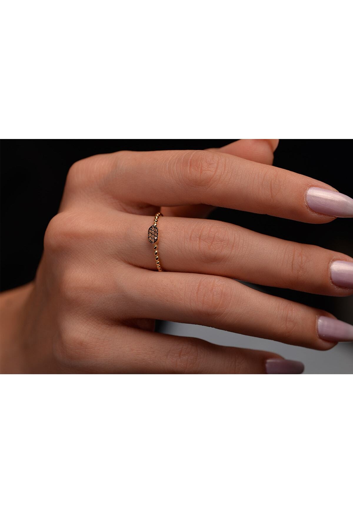 Onseva Kuyumculuk Kadın 14 Ayar Kahve Taşlı Minimal Yüzük