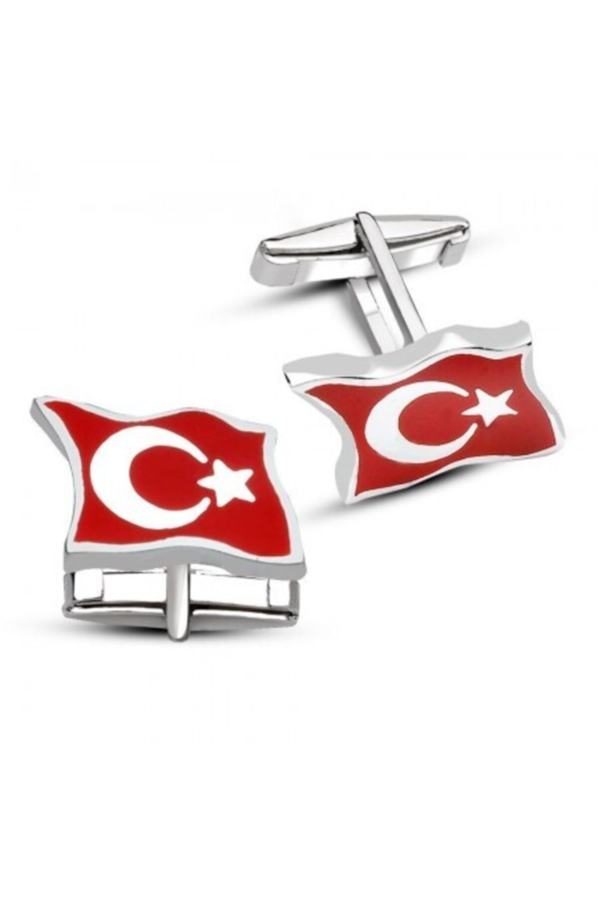 Alis Silver Erkek Kırmızı Beyaz Dalgalı Ayyıldız Model Kol Düğmesi 925 Ayar Gümüş