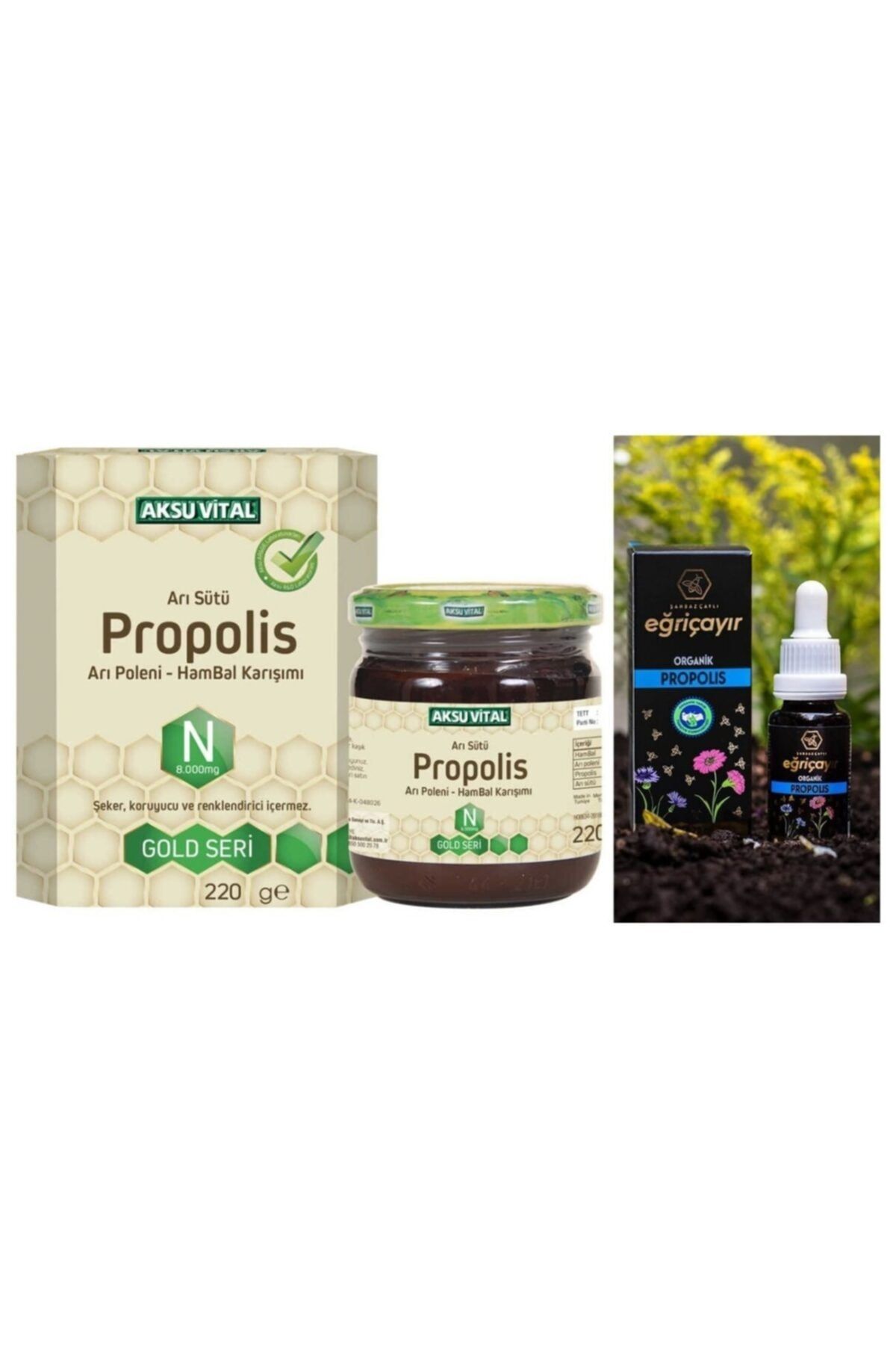 Aksu Vital Propolisli Arı Sütü Bal Polen Karışımı (n) 8.000 Mg & Organik Propolis Damla Su Bazlı