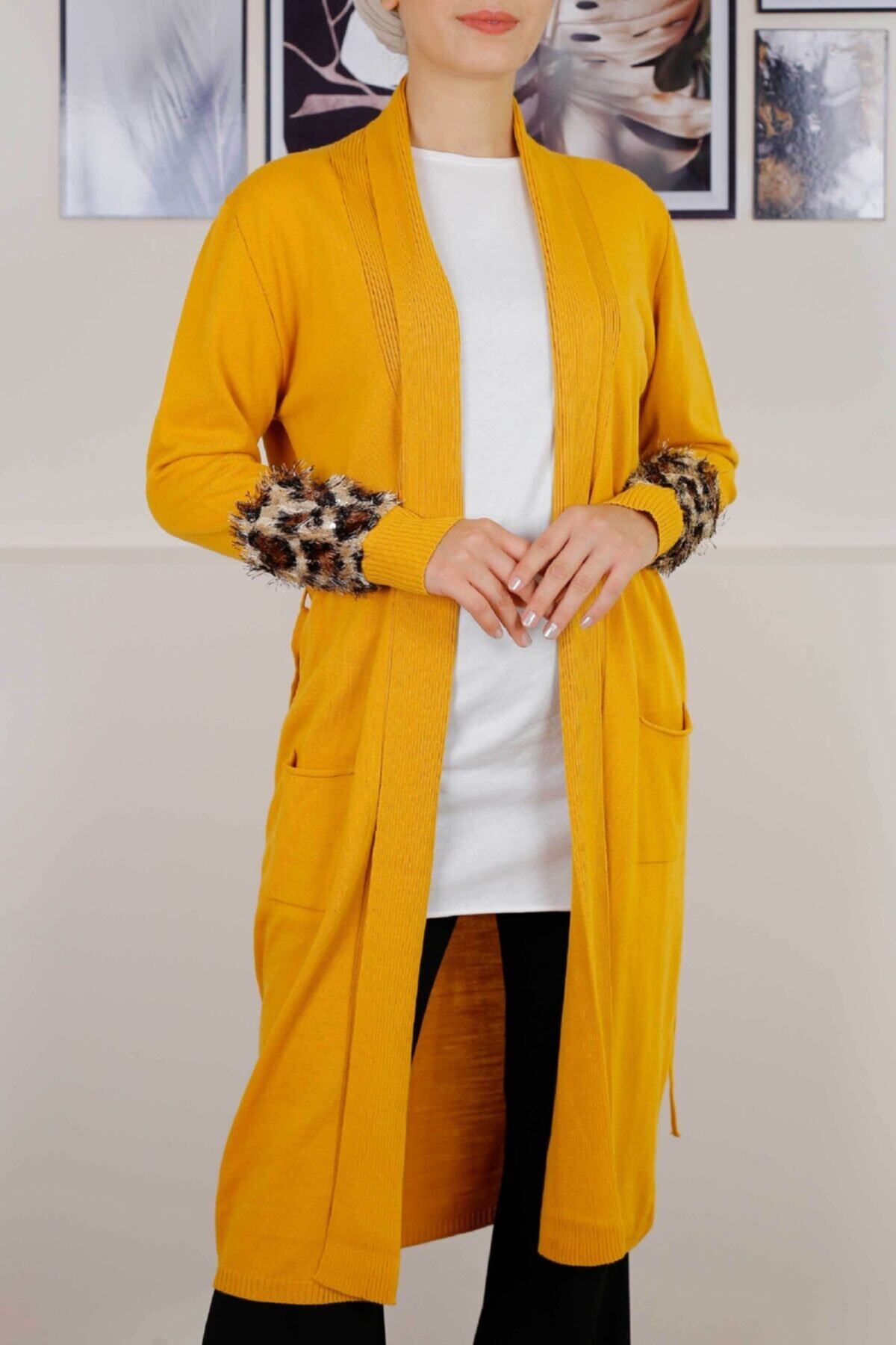 İmajButik Kol Leopar Detaylı Hırka-hardal