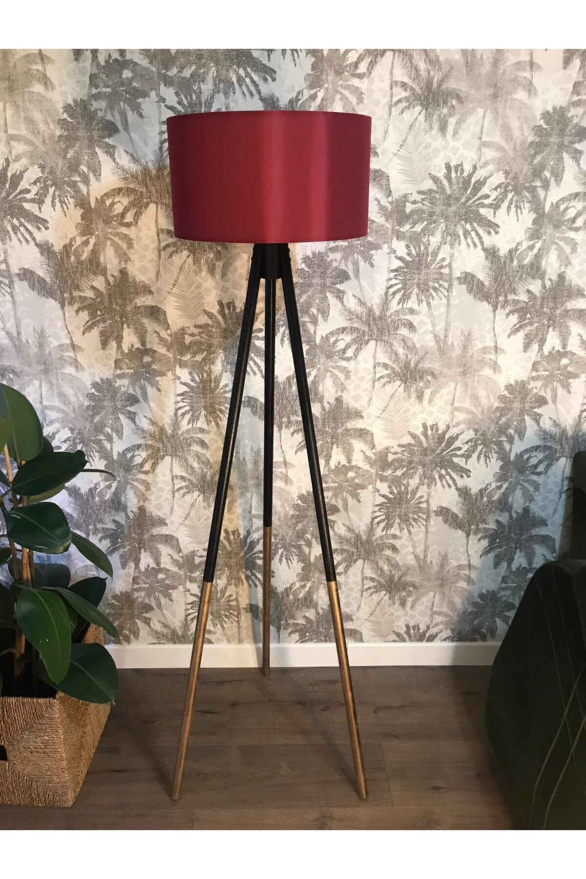 Homedit Tripod Çift Renk Lambader - Gold-siyah Ayak Lambader Bordo Başlık