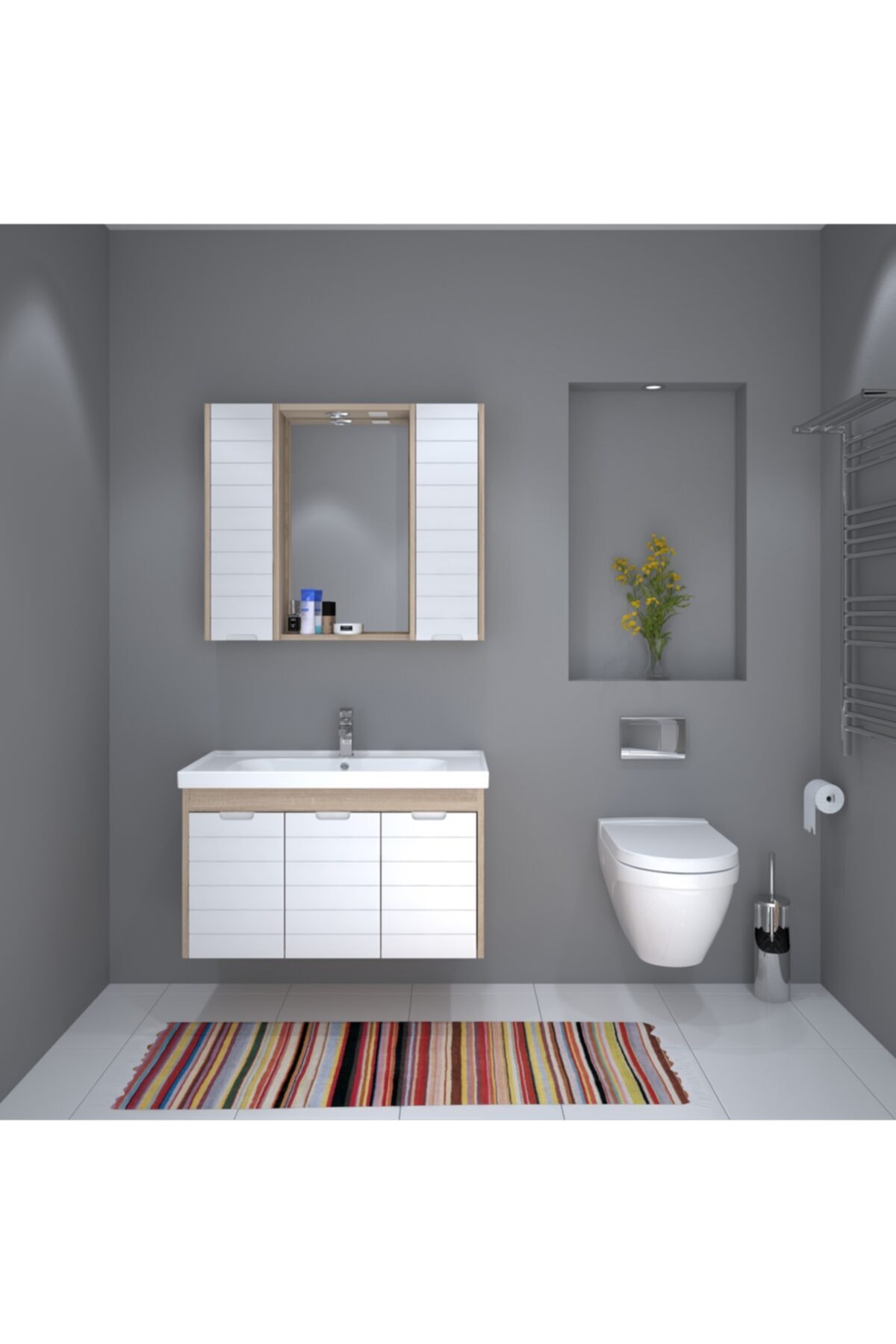 DENKO Mostar 90 Cm Mdf Banyo Dolabı Takımı Beyaz Lake Kapak
