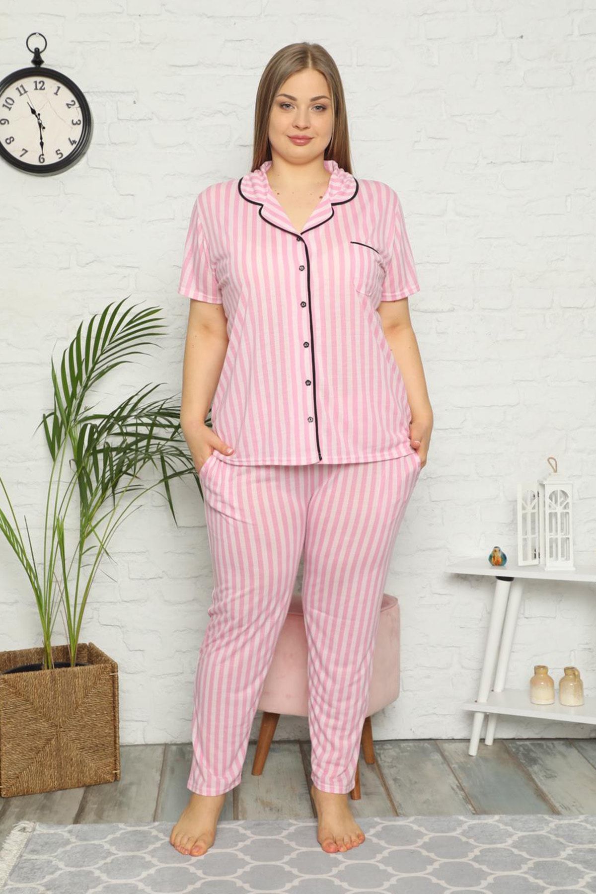 Markosin Büyük Beden Kısa Kollu Önden Düğmeli Pijama Takımı 2525