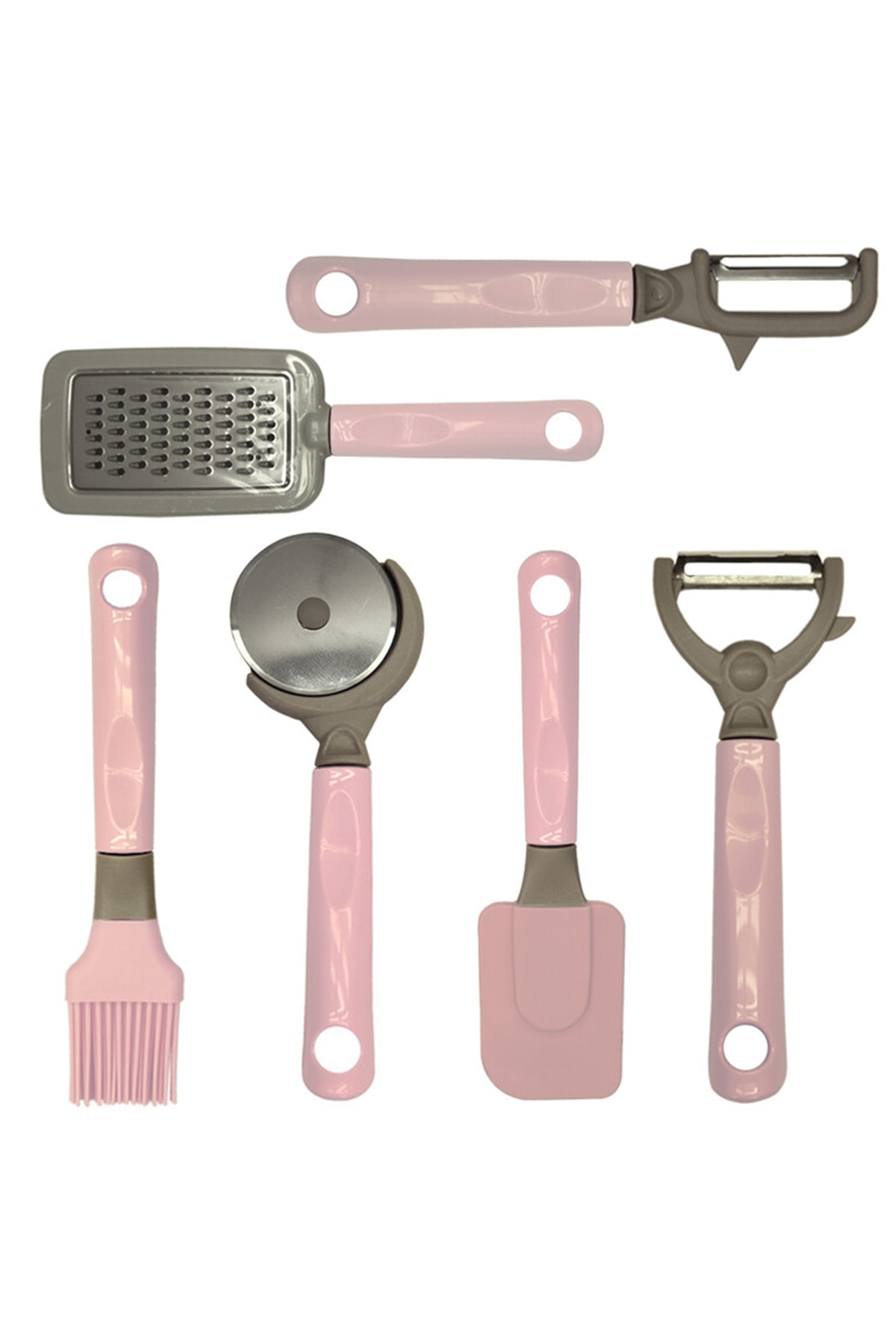 Kazanabil 6'lı Plastik Saplı(EL RENDESİ,SPATULA,YUMURTA FIRÇASI,SOYACAK,PİZZA KESME RULETİ)servis Seti Pembe