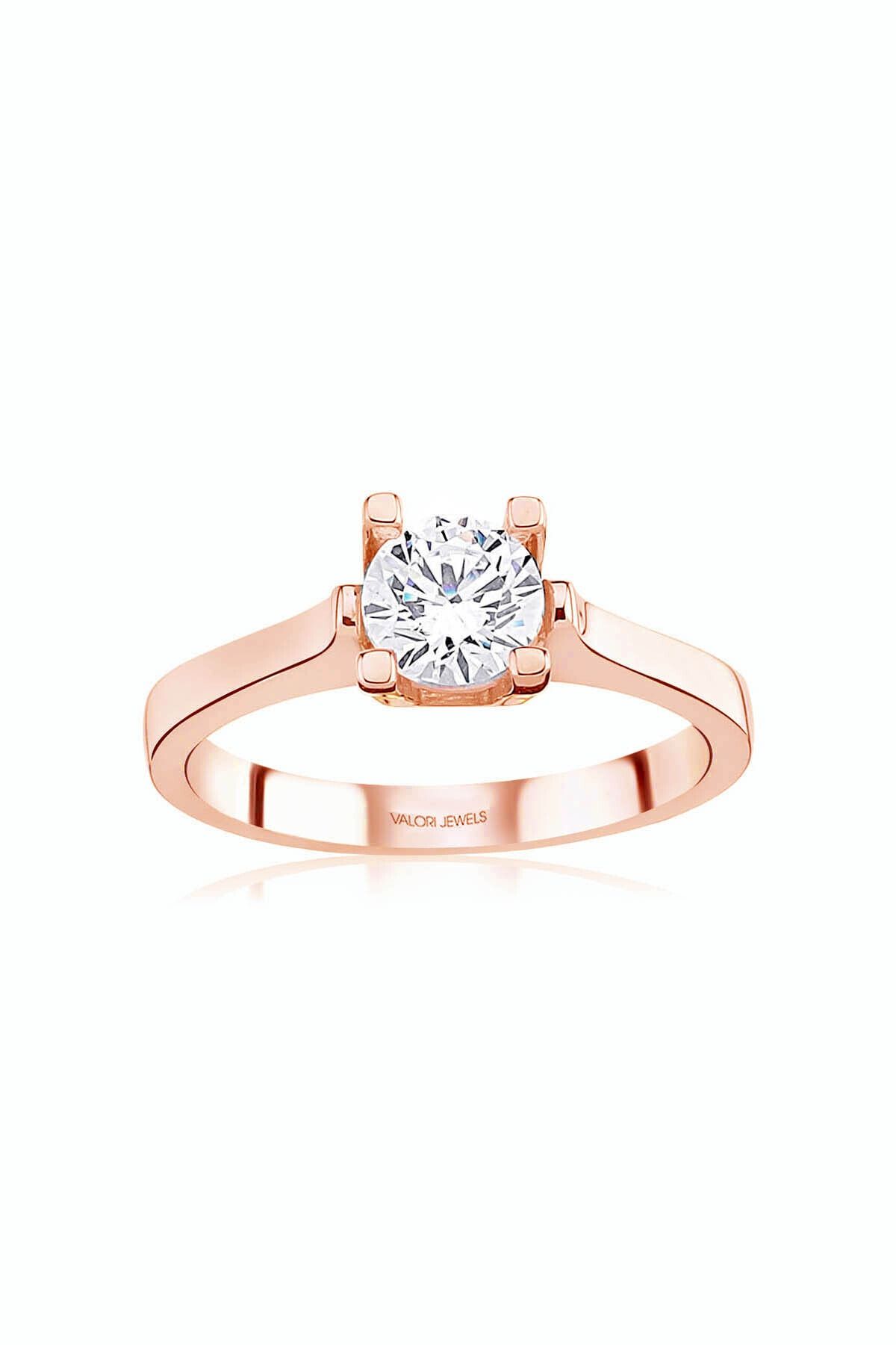 Valori Jewels Kalın Montür, 0.80 Karat Swarovski Zirkon Taşlı, Rose Gümüş Tektaş Yüzük
