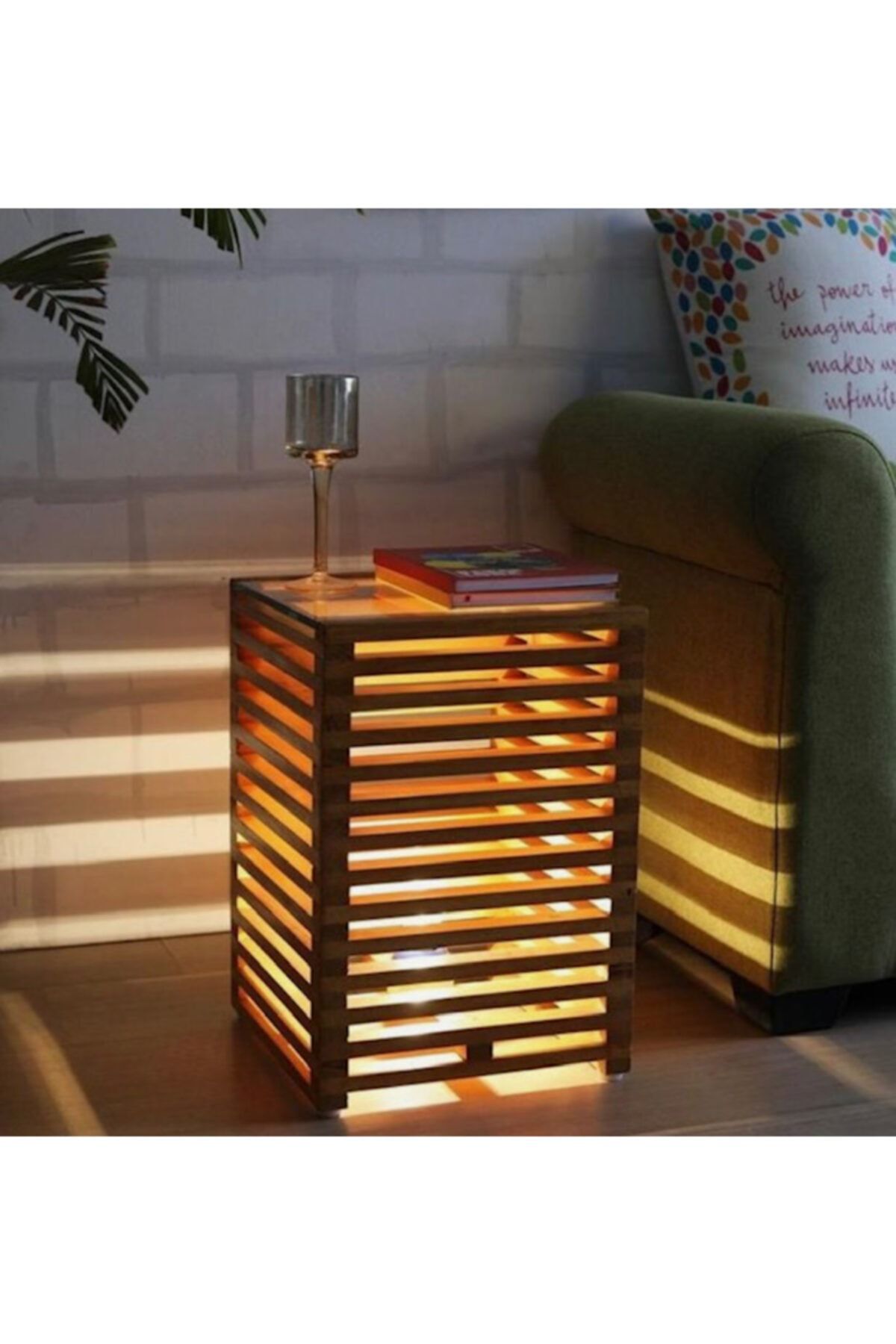 MİORRA DESIGN Masif Ahşap Camlı Lambader Işıklı Komodin Yan Sehpa 30x30x55 Cm