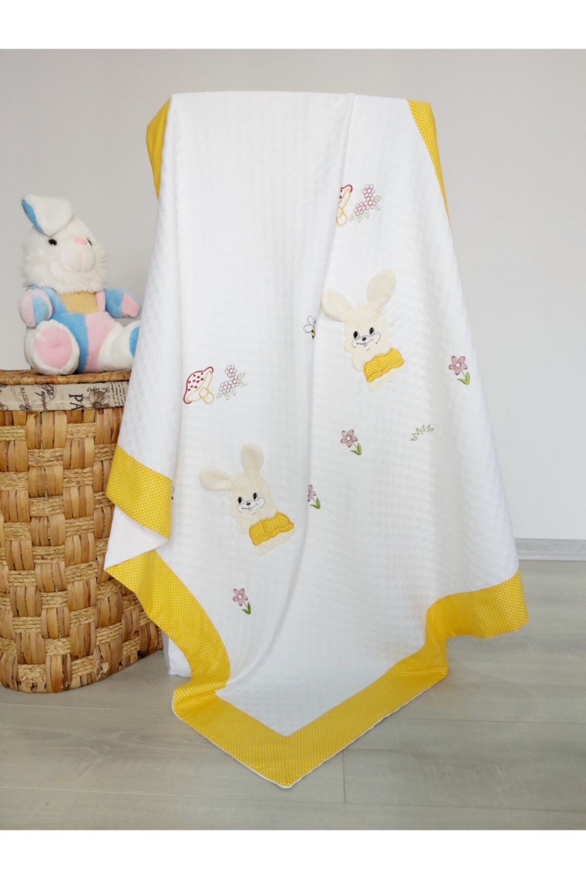 mellowbabystore %100 Pamuk Sarı Tavşan Desenli Bebek Pikesi