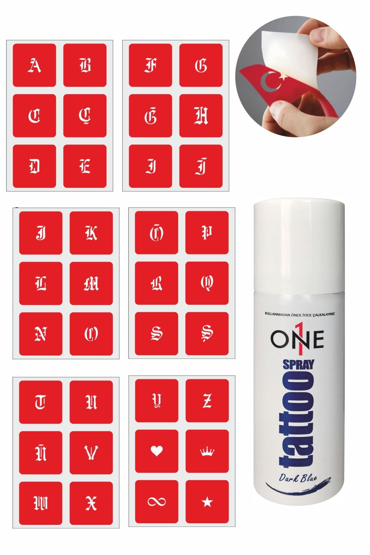 ONE SPRAY TATTOO Alfabe Gotik Harf Geçici Dövme Seti Dark Sprey Ve Desen