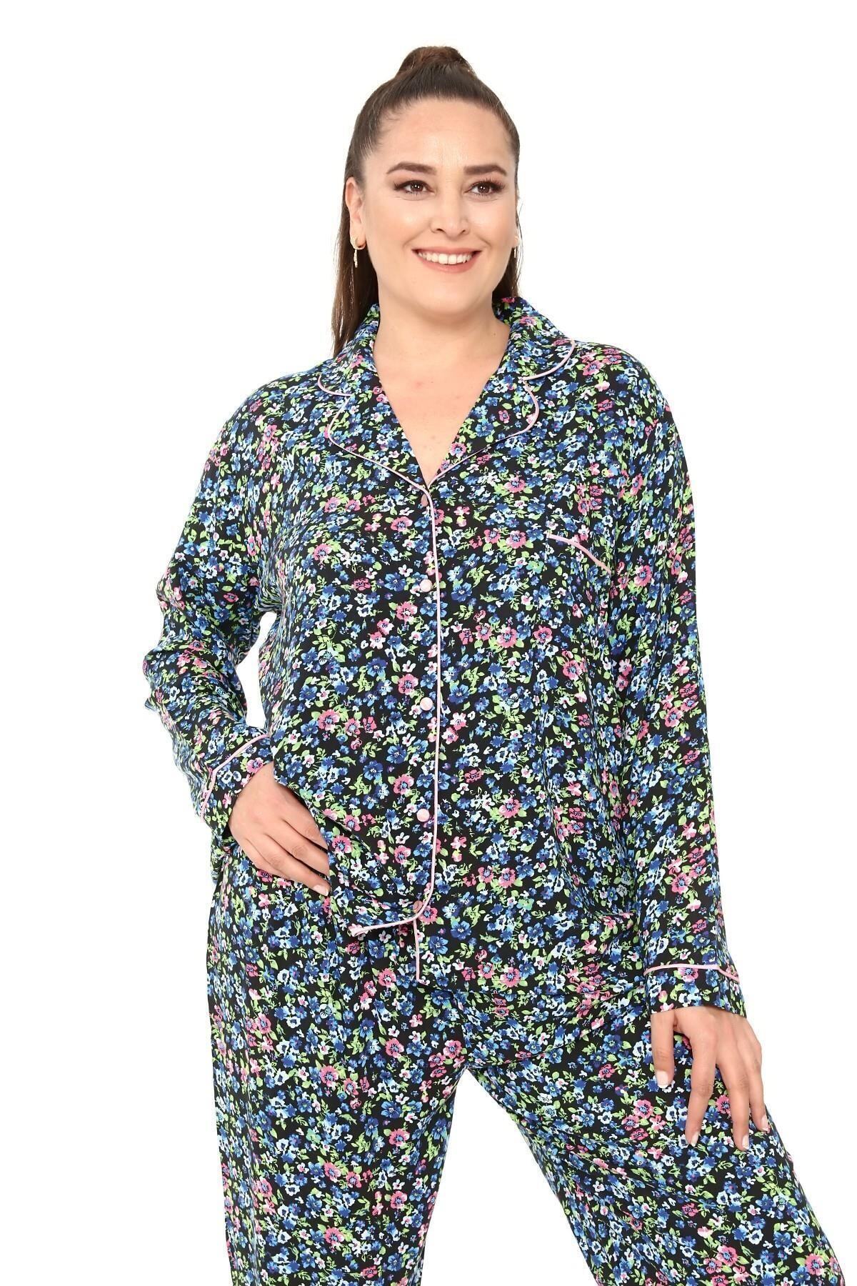LİKAPA Kadın Büyük Beden Viskon Önden Düğmeli Uzun Kol Pijama Takımı