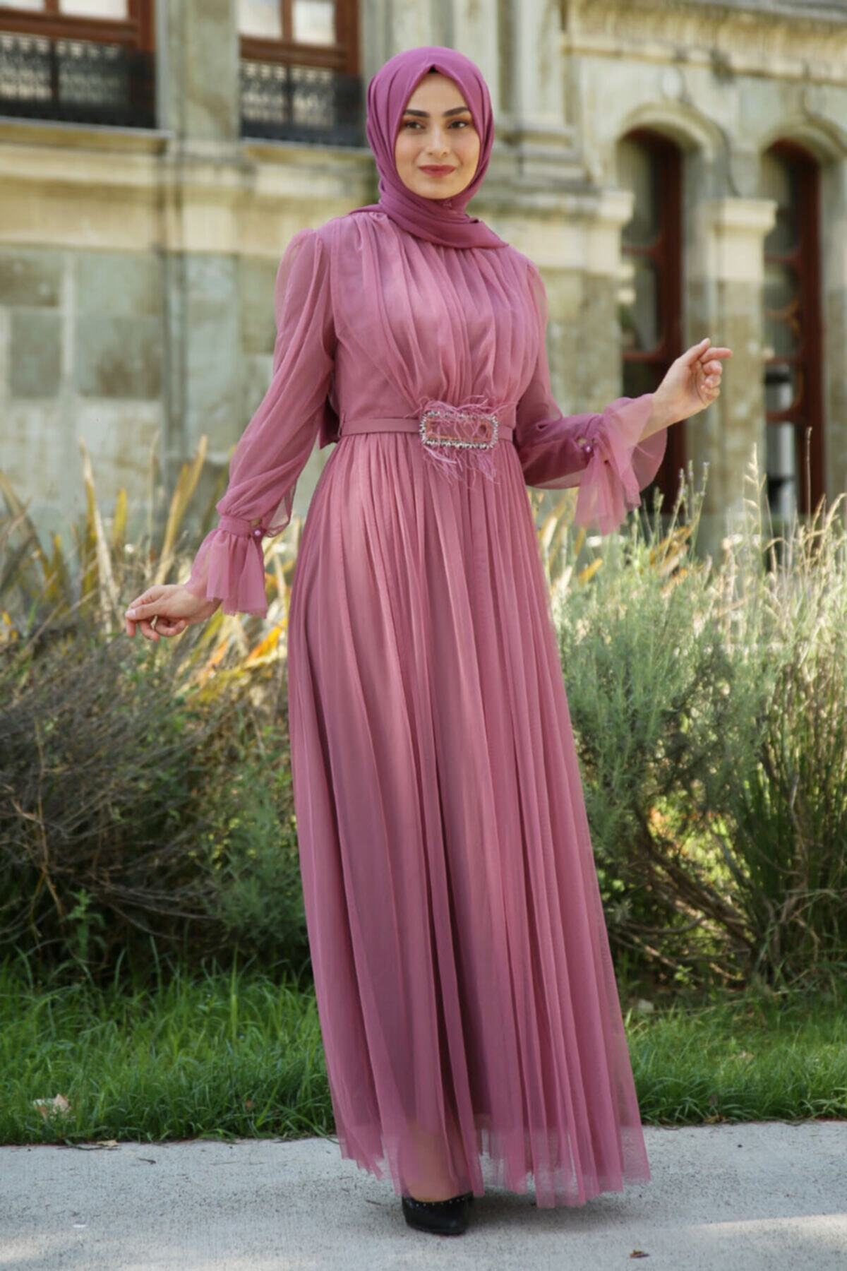 Feiza Collection Kemer Detaylı Tül Tesettür Abiye Elbise - Gülkurusu
