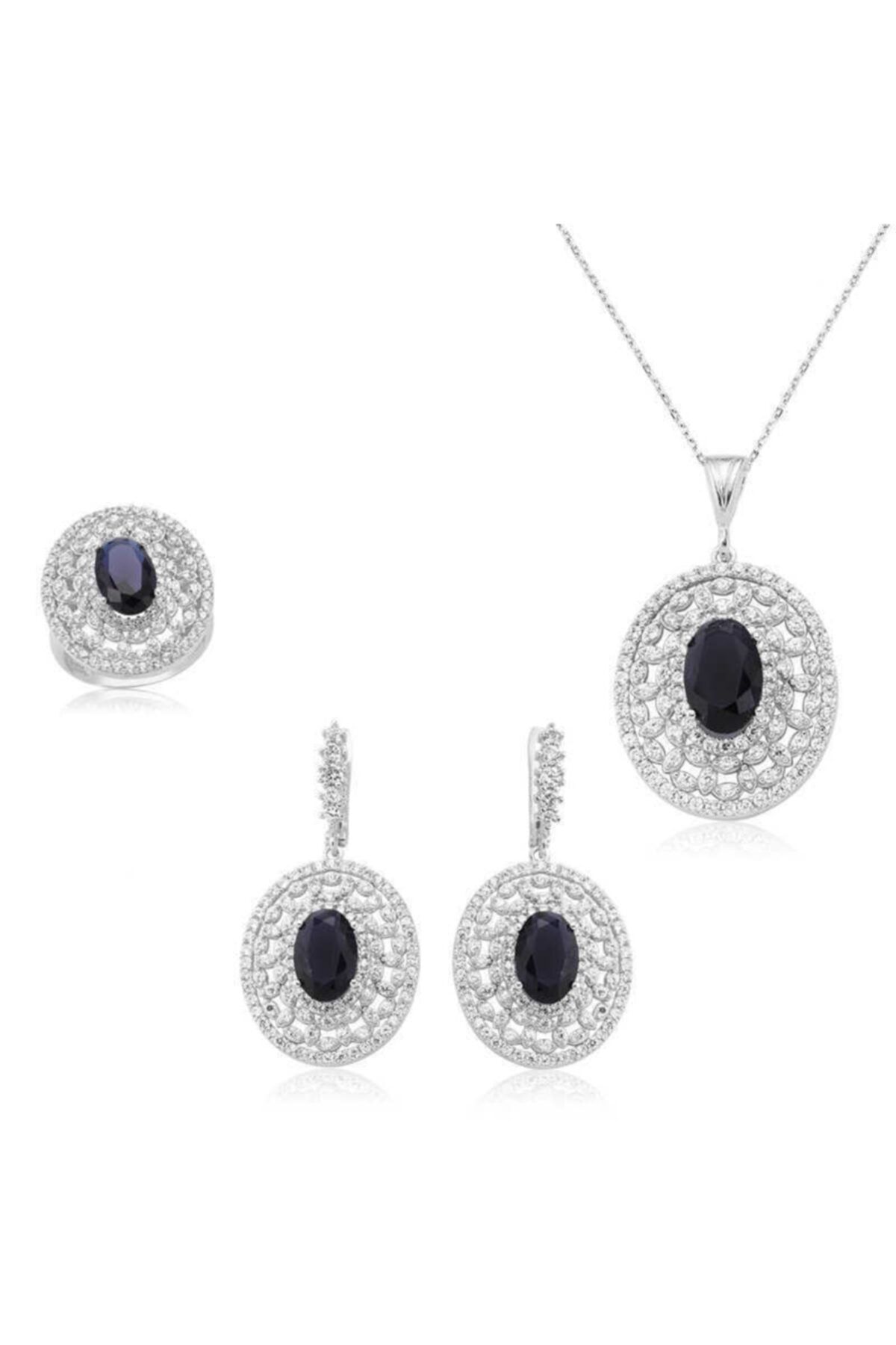 Gumush Gümüş Lacivert Oval Taşlı Kadın Set