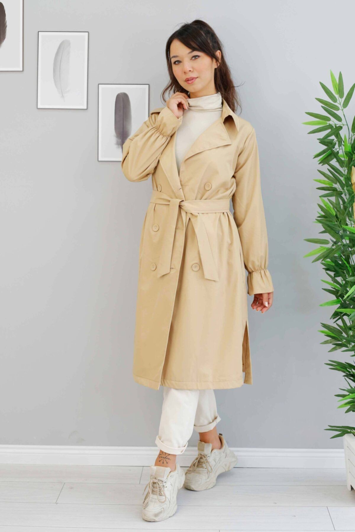 İmajButik Düğme Detaylı Astarsız Trenç/camel