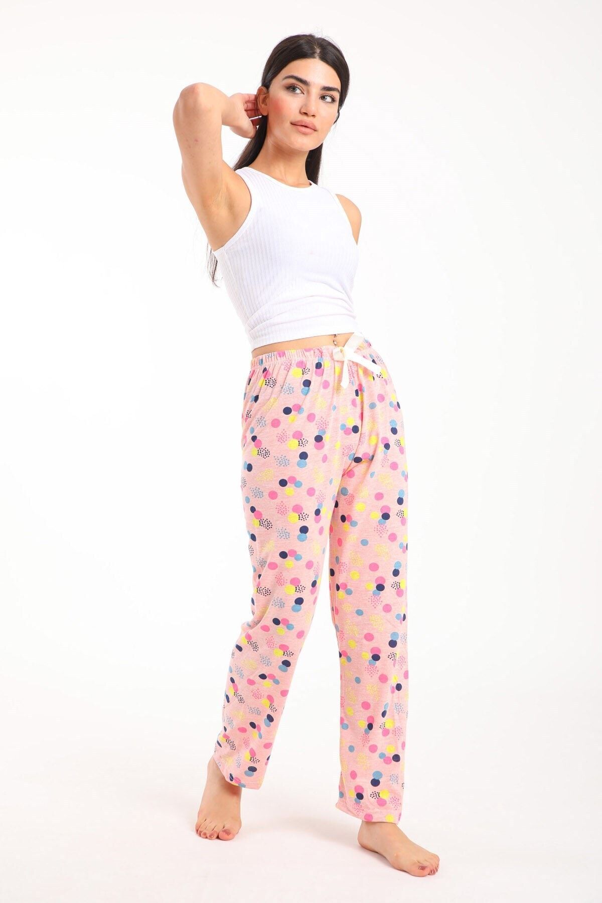 Pemilo Kadın 573-16 Puantiye Desenli Tek Alt Pijama Somon