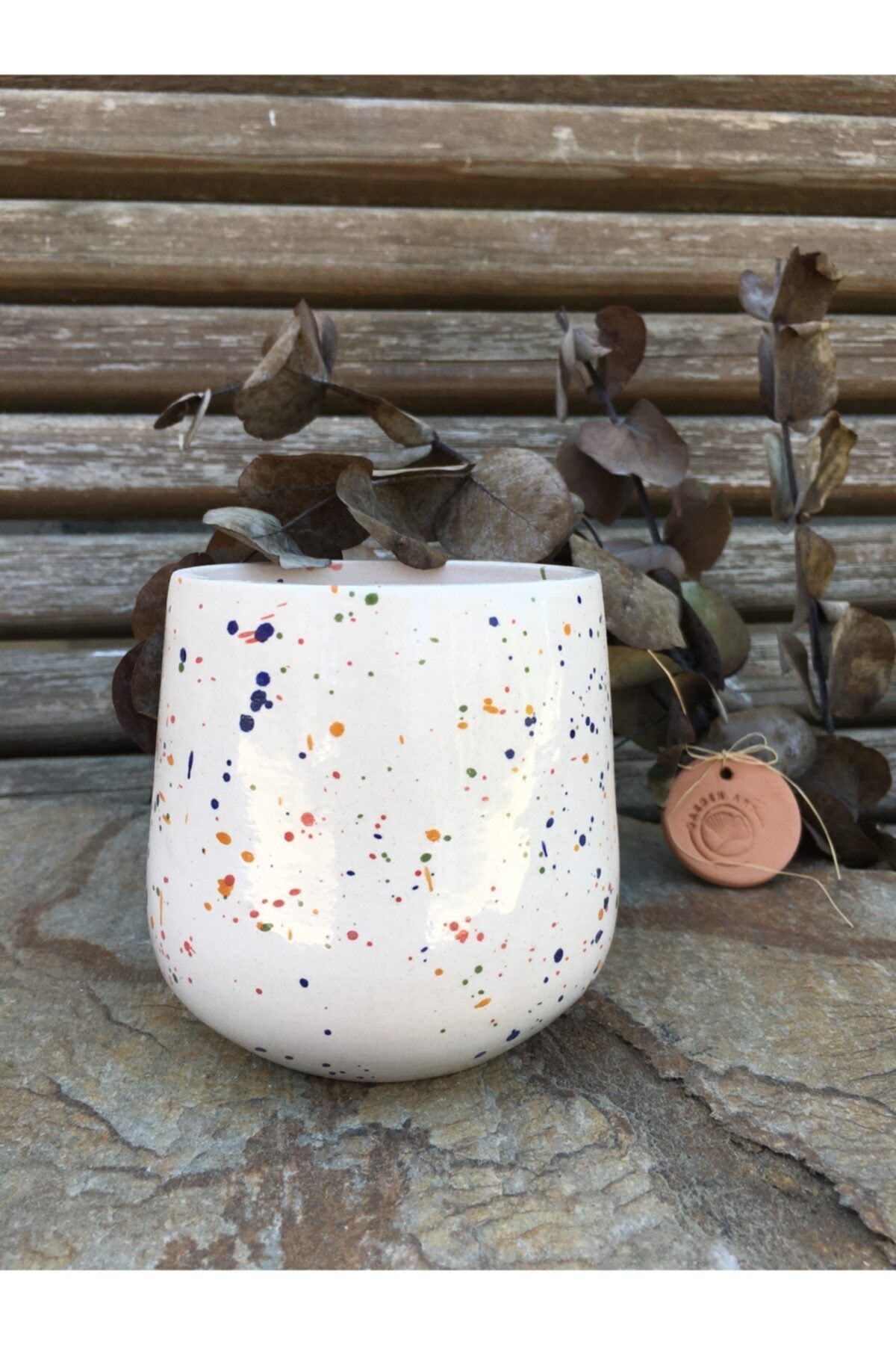Garden Art Handmade Renkli Puantiye Detaylı Seramik Saksı