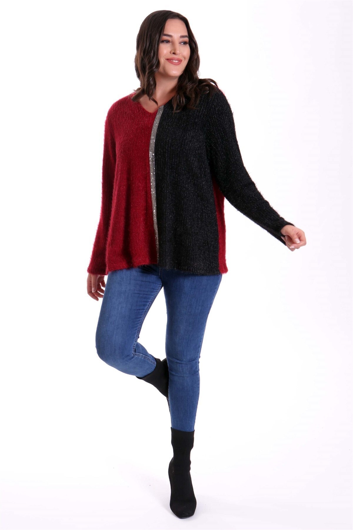 Metpoint Büyük Beden V Yaka Simli Triko Bordo Bluz