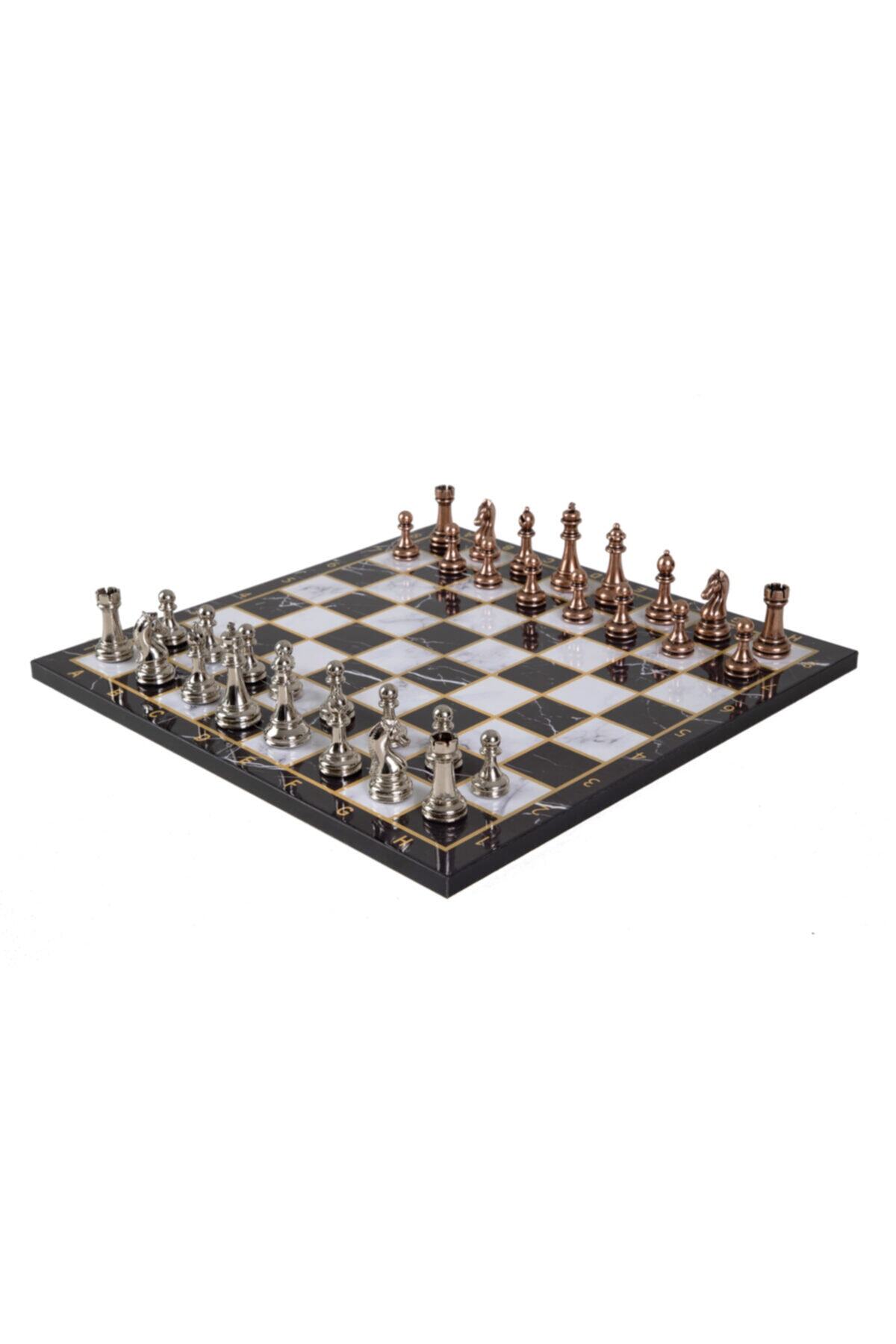 elife shop Lüks Metal Satranç Takımı Krom Kaplama Klasik Figür Bronz Set Özel Ayaklı Siyah Mermer Desenli Tahta