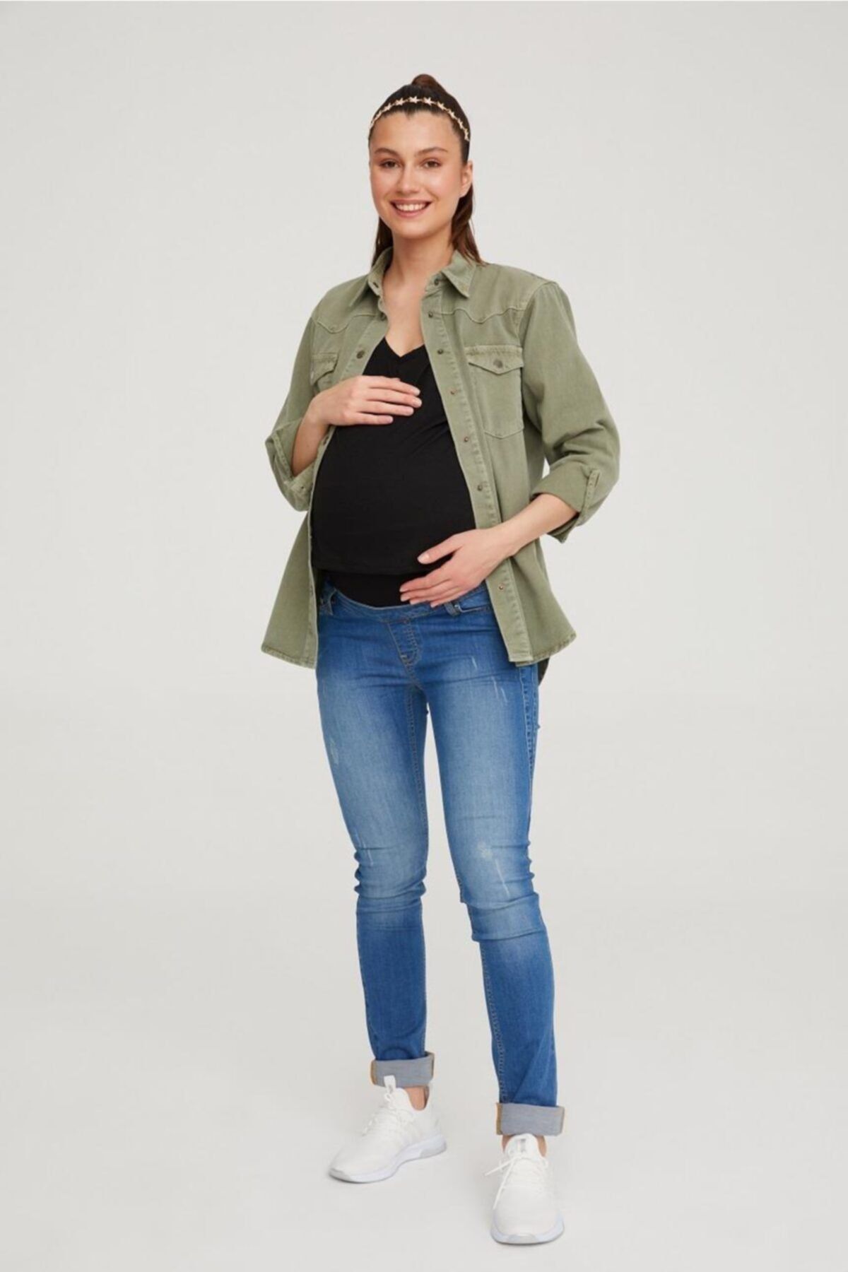 VAVIEN Hamile Jean Likralı Denim Pantolon Slim Fit Açık Mavi 1024
