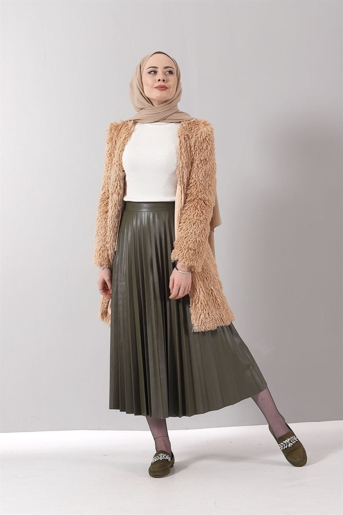 defnetesettür Pileli Deri Etek Haki