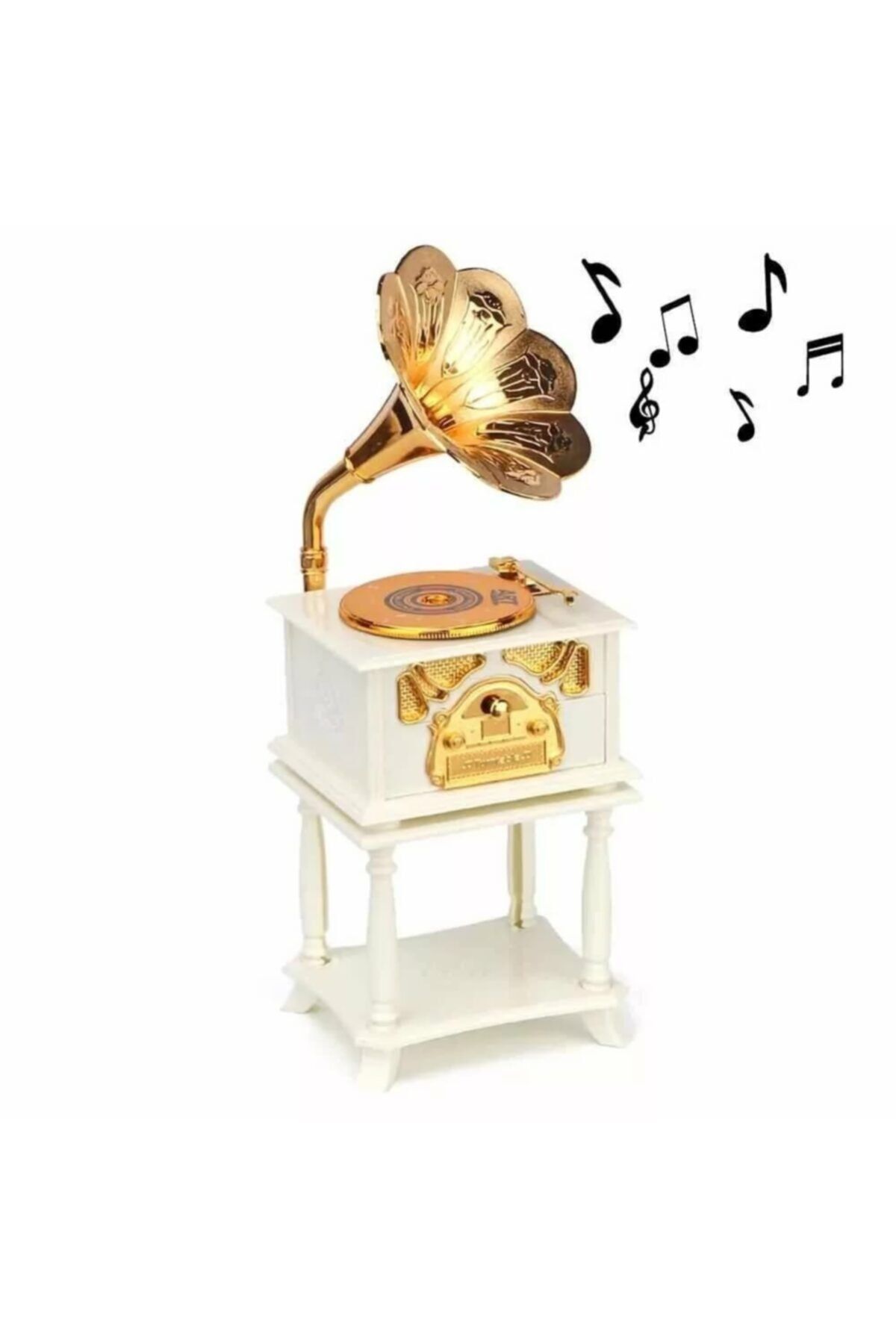 Mbois Nostaljik Sehpalı Çekmeceli Beyaz Gramafon Müzik Kutusu