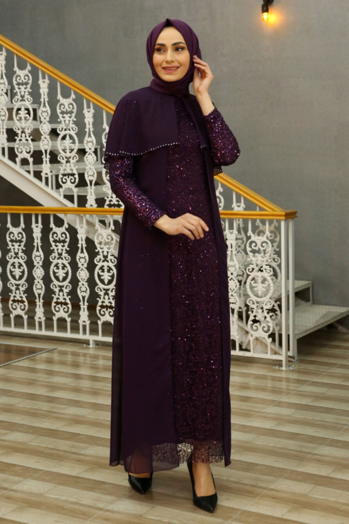 Feiza Collection Omuzları Pelerinli Tesettür Abiye Elbise - Mor