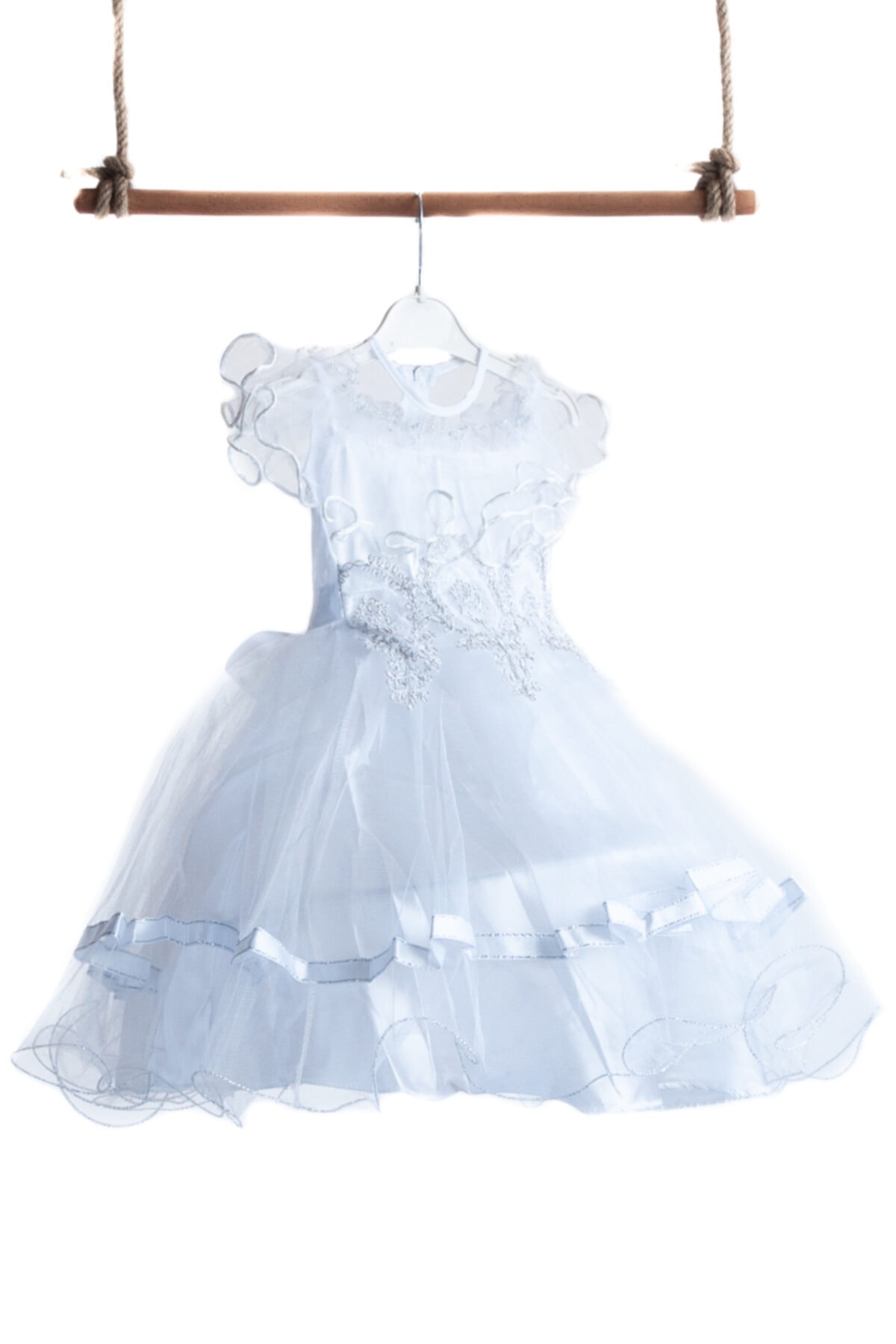 Oppland Kız Çocuk Beyaz Butik Gelinlik Kostüm 2-3-4-5 Yaş Hacim Çemberli Simli Küpürlü