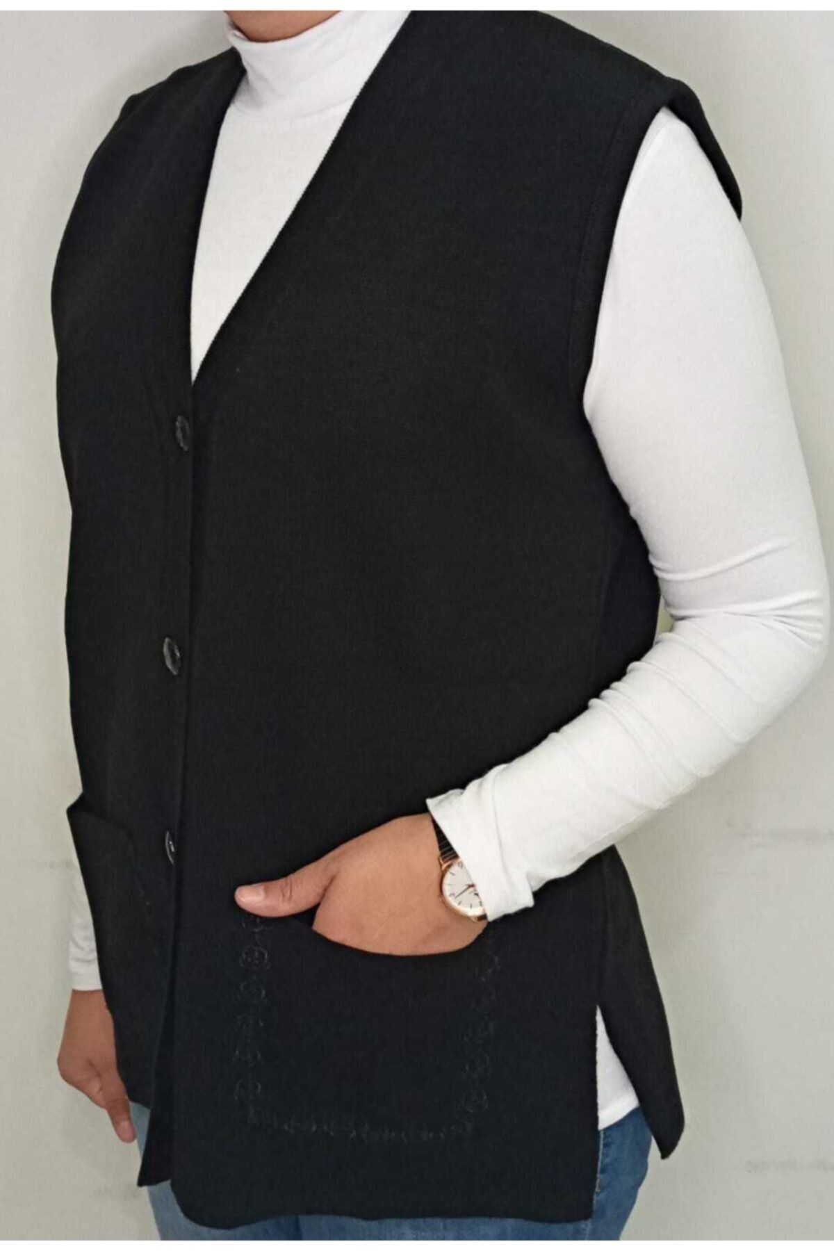 Lanze Düz Dokuma Büyük Beden Önü Düğmeli Cepleri Nakışlı Siyah Anne Yeleği
