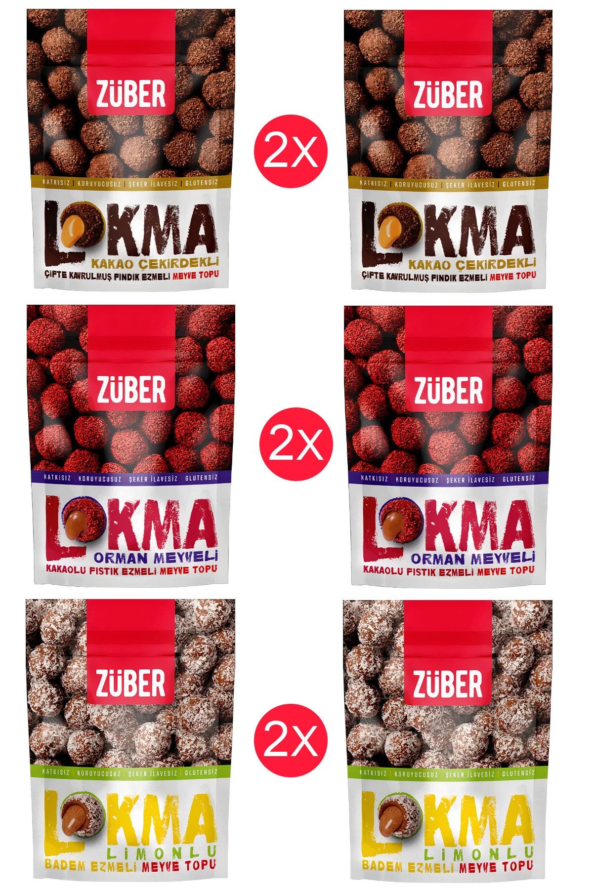 Züber Yeni Lokma Çeşitleri - 6 Adet (ORMAN MEYVELİ, LİMONLU, KAKAO ÇEKİRDEKLİ)