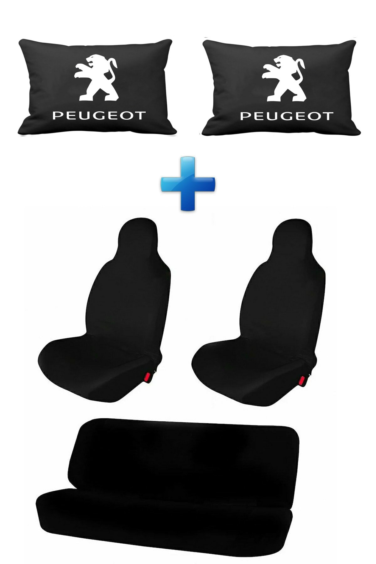 NOYİSKA Peugeot 3008 Logolu 2 Adet Siyah Ortopedik Araç Boyun Yastığı Ve Siyah Koltuk Koruyucu Kılıf